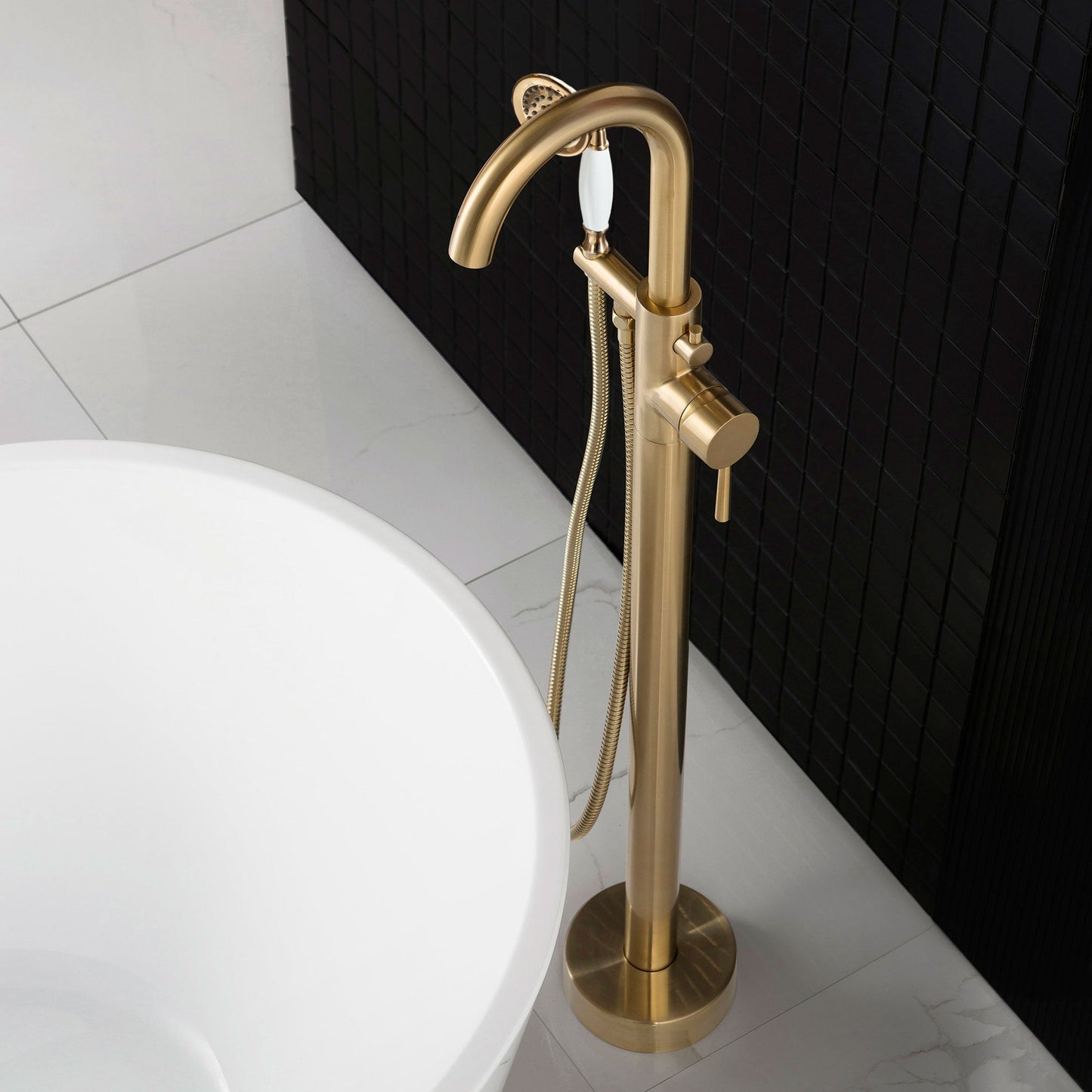 WOODBRIDGE F0023BNVT Fusion Single Handle Floor Mount Freestanding Tub Filler Faucet with Telephone Hand shower