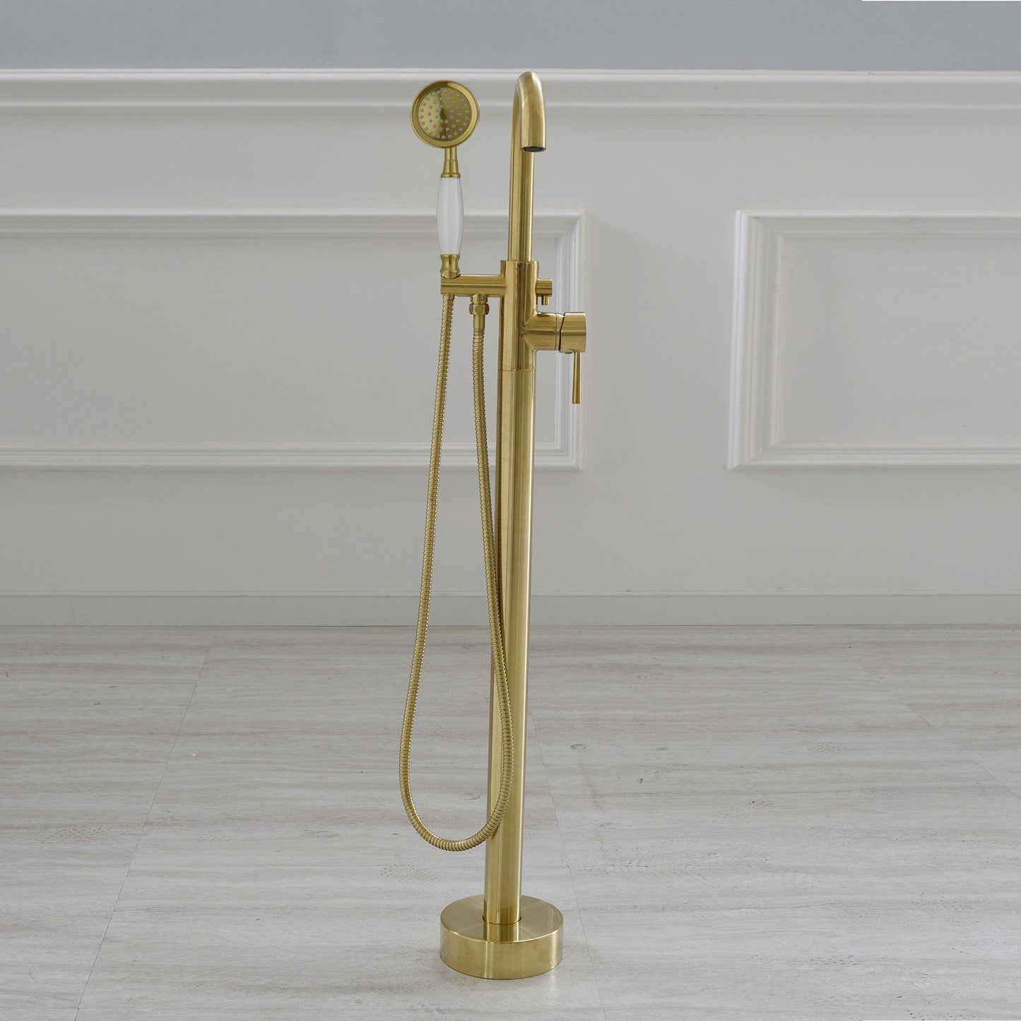 WOODBRIDGE F0023BNVT Fusion Single Handle Floor Mount Freestanding Tub Filler Faucet with Telephone Hand shower