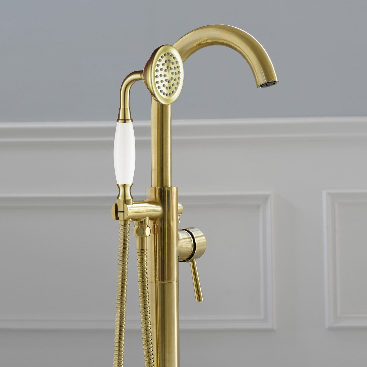WOODBRIDGE F0023BNVT Fusion Single Handle Floor Mount Freestanding Tub Filler Faucet with Telephone Hand shower