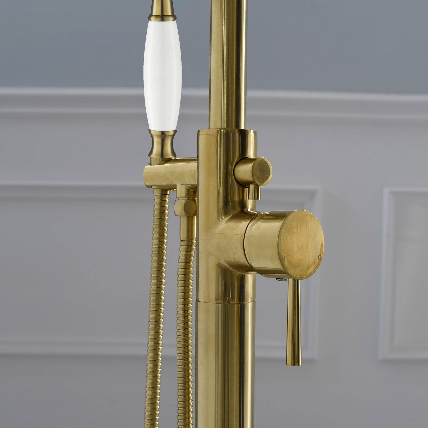 WOODBRIDGE F0023BNVT Fusion Single Handle Floor Mount Freestanding Tub Filler Faucet with Telephone Hand shower