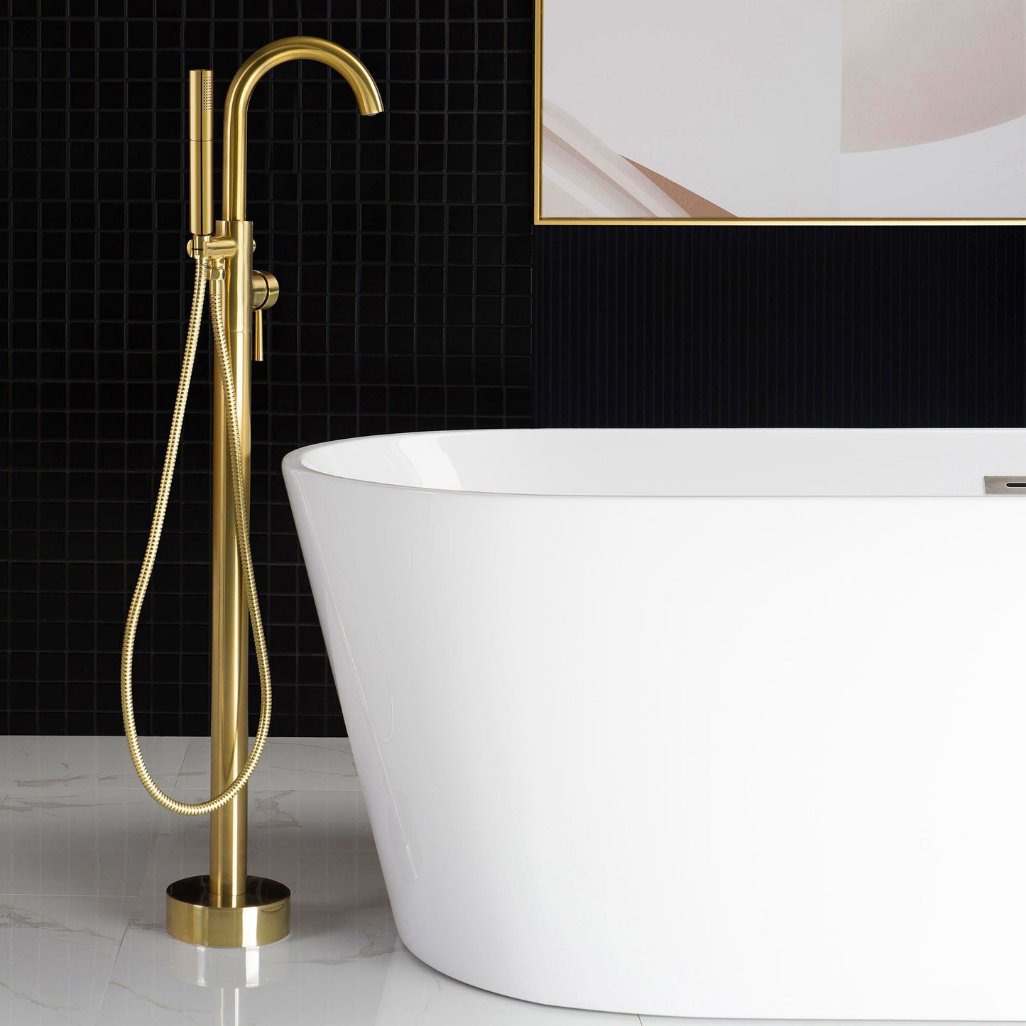 WOODBRIDGE F0023BNDR Contemporary Single Handle Floor Mount Freestanding Tub Filler Faucet with 2 Function Cylinder Style Hand Shower