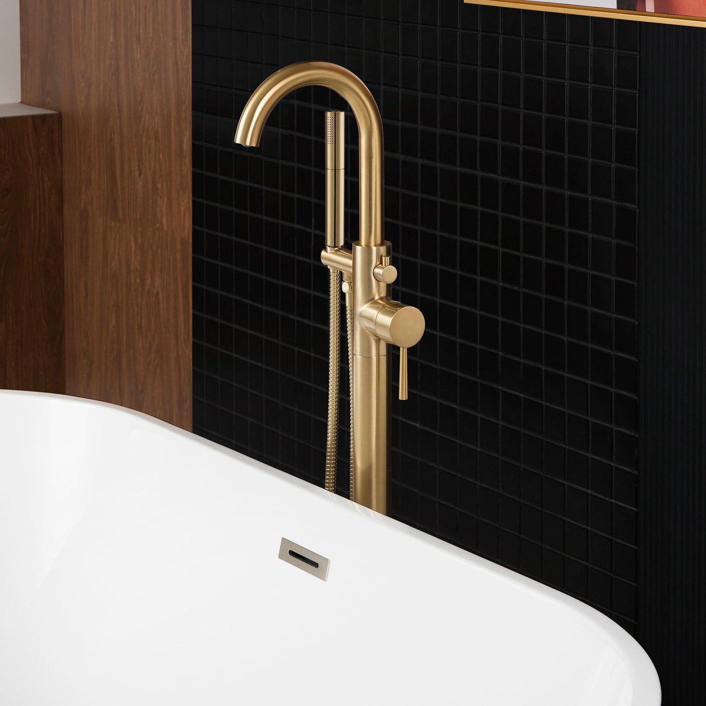 WOODBRIDGE F0023BNDR Contemporary Single Handle Floor Mount Freestanding Tub Filler Faucet with 2 Function Cylinder Style Hand Shower