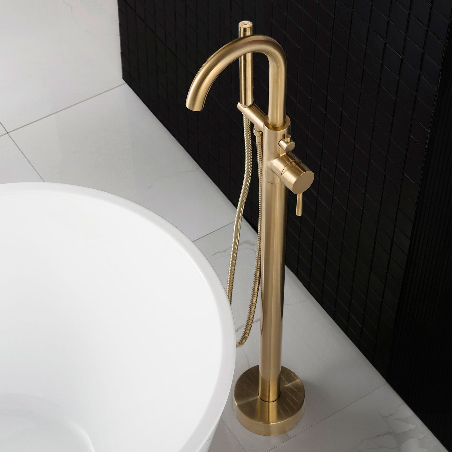 WOODBRIDGE F0023BNDR Contemporary Single Handle Floor Mount Freestanding Tub Filler Faucet with 2 Function Cylinder Style Hand Shower