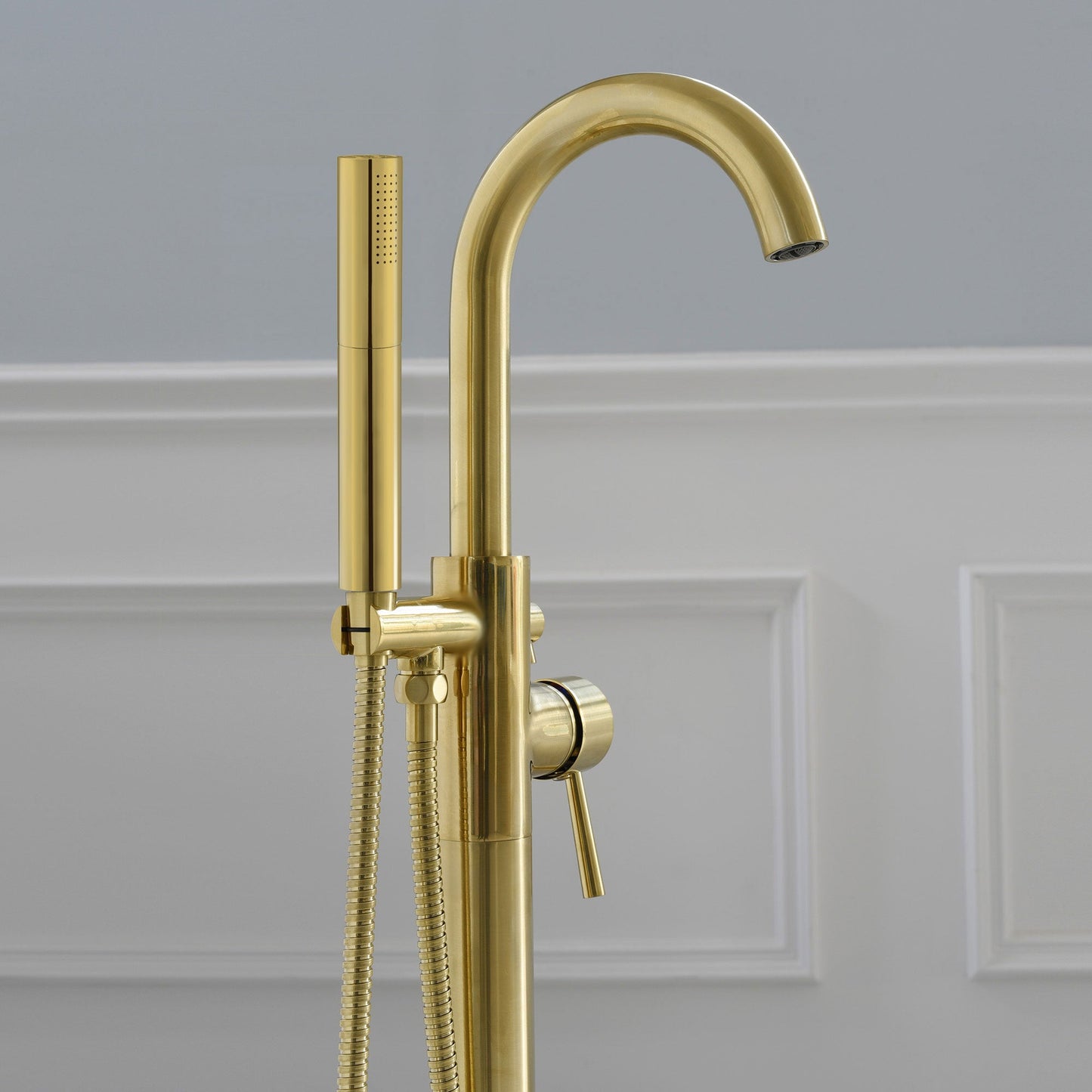 WOODBRIDGE F0023BNDR Contemporary Single Handle Floor Mount Freestanding Tub Filler Faucet with 2 Function Cylinder Style Hand Shower