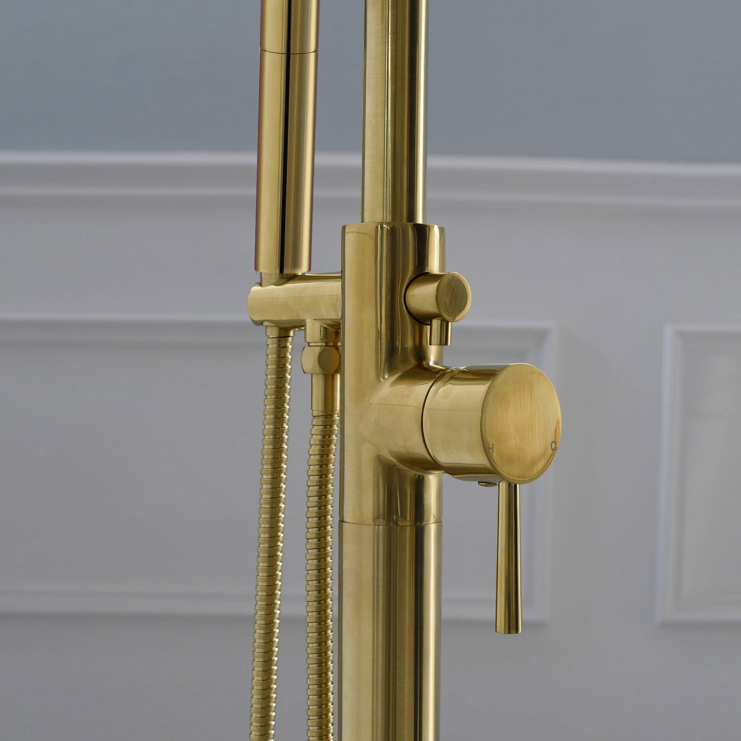 WOODBRIDGE F0023BNDR Contemporary Single Handle Floor Mount Freestanding Tub Filler Faucet with 2 Function Cylinder Style Hand Shower