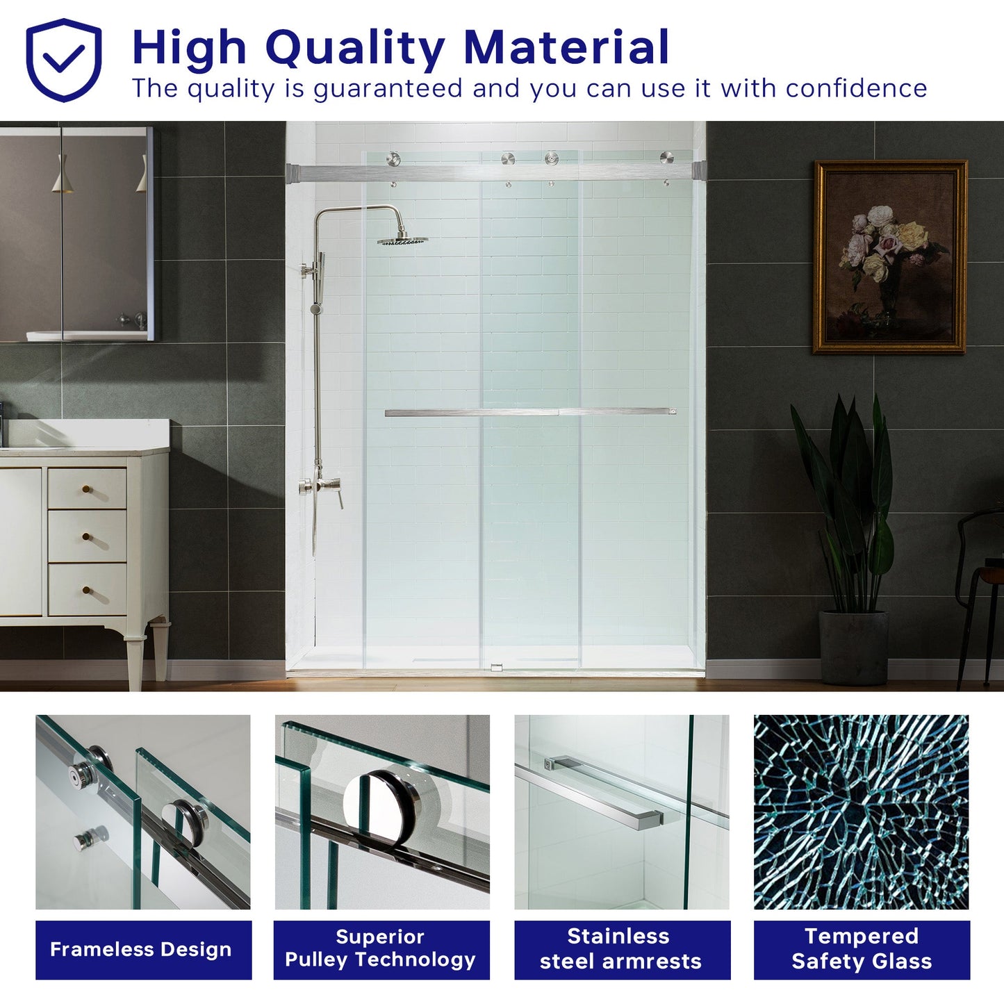 WOODBRIDGE Frameless Shower Doors 56-60" Width x 76" Height with 5/16"(8mm) Clear Tempered Glass, Double Sliding with Side Seal Strips