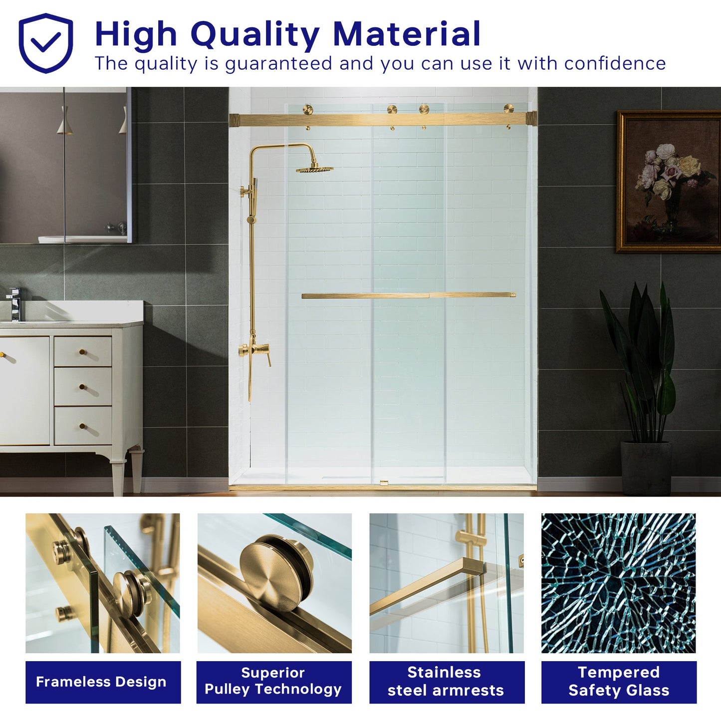 WOODBRIDGE Frameless Shower Doors 56-60" Width x 76" Height with 5/16"(8mm) Clear Tempered Glass, Double Sliding with Side Seal Strips
