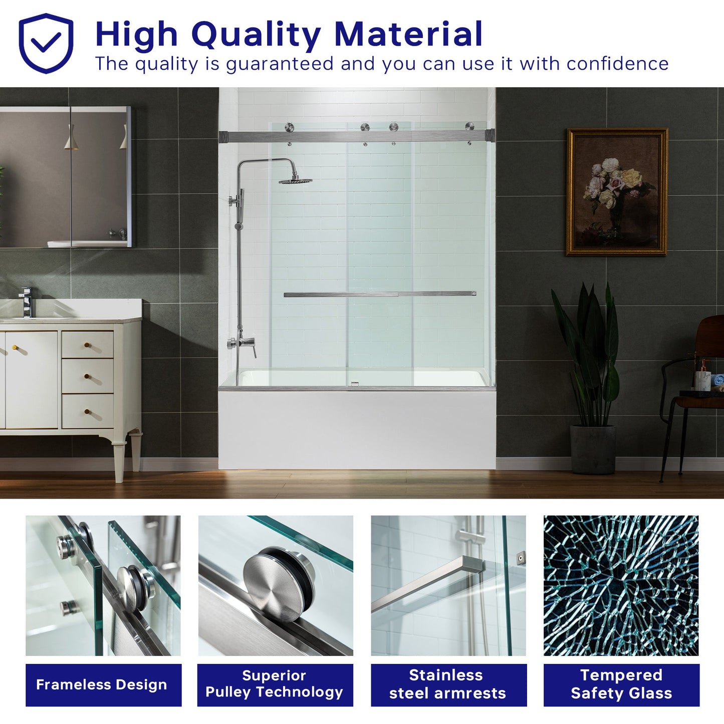WOODBRIDGE Frameless Bathtub Shower Doors 56-60" Width x 66" Height with 5/16"(8mm) Clear Tempered Glass, Double Sliding with Side Seal Strips