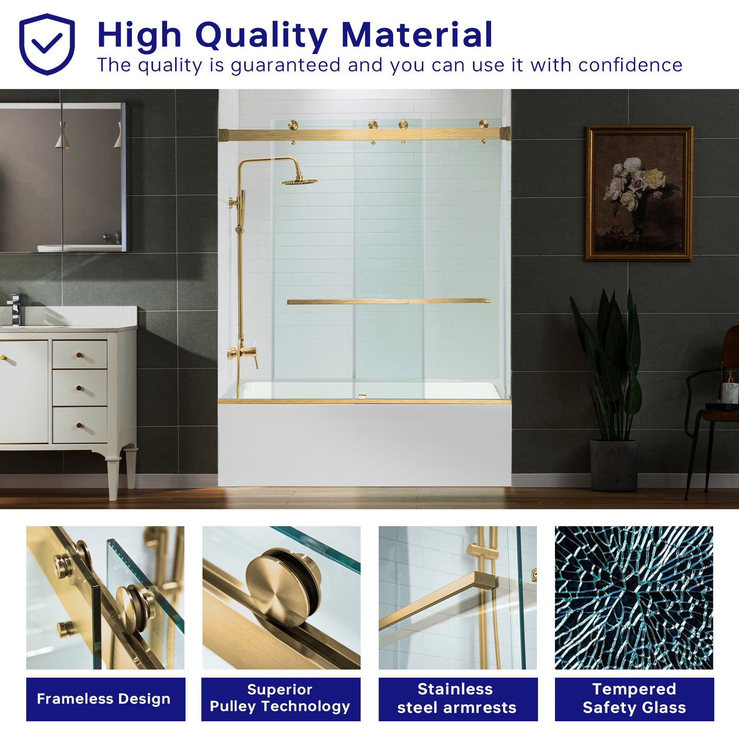 WOODBRIDGE Frameless Bathtub Shower Doors 56-60" Width x 66" Height with 5/16"(8mm) Clear Tempered Glass, Double Sliding with Side Seal Strips
