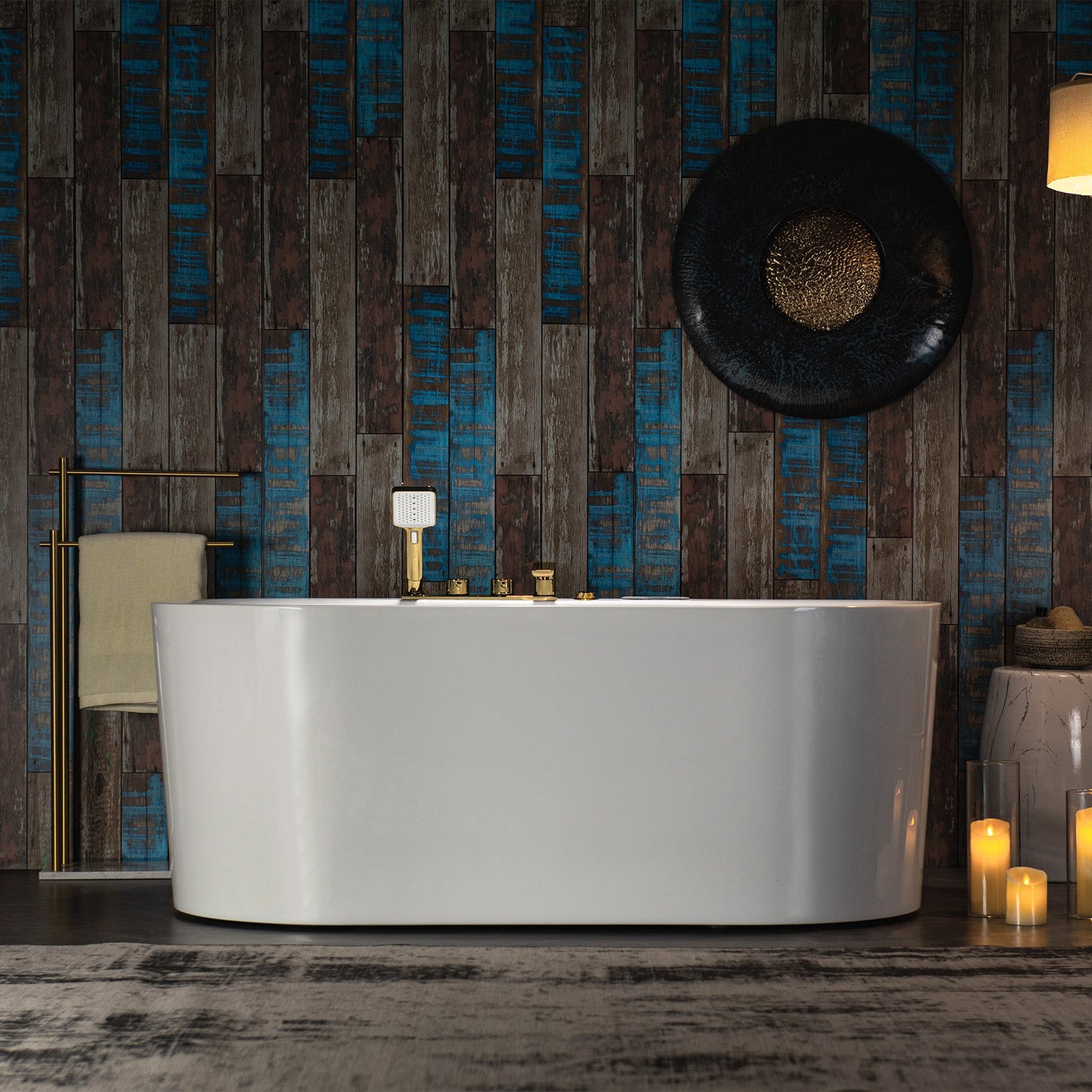WOODBRIDGE 59" x 31-1/2" Whirlpool and Air Bath Heated Soaking Combination Tub with Adjustable Speed Air Blower, Faucet and Display Control Panel, Brushed Gold Finish Trim and Drain Kit