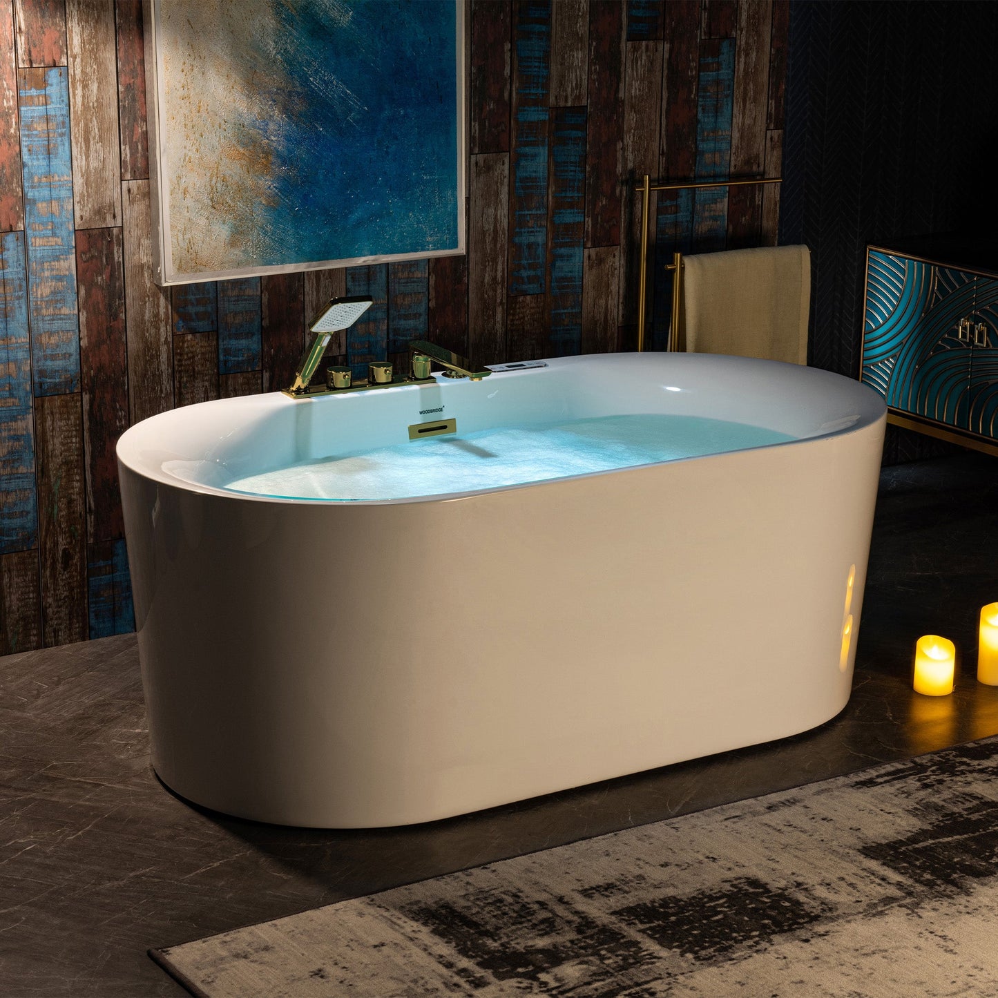 WOODBRIDGE 59" x 31-1/2" Whirlpool and Air Bath Heated Soaking Combination Tub with Adjustable Speed Air Blower, Faucet and Display Control Panel, Brushed Gold Finish Trim and Drain Kit