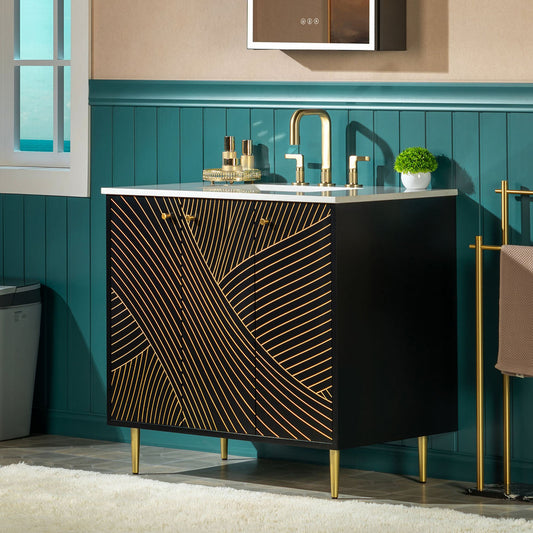 WOODBRIDGE 36" Modern Bathroom Vanity with White Engineered Stone Top, Undermount Sink & Hand-Painted Black/Gold Accents – Space-Saving Thin-Leg Design, Ideal for Small Bathrooms.