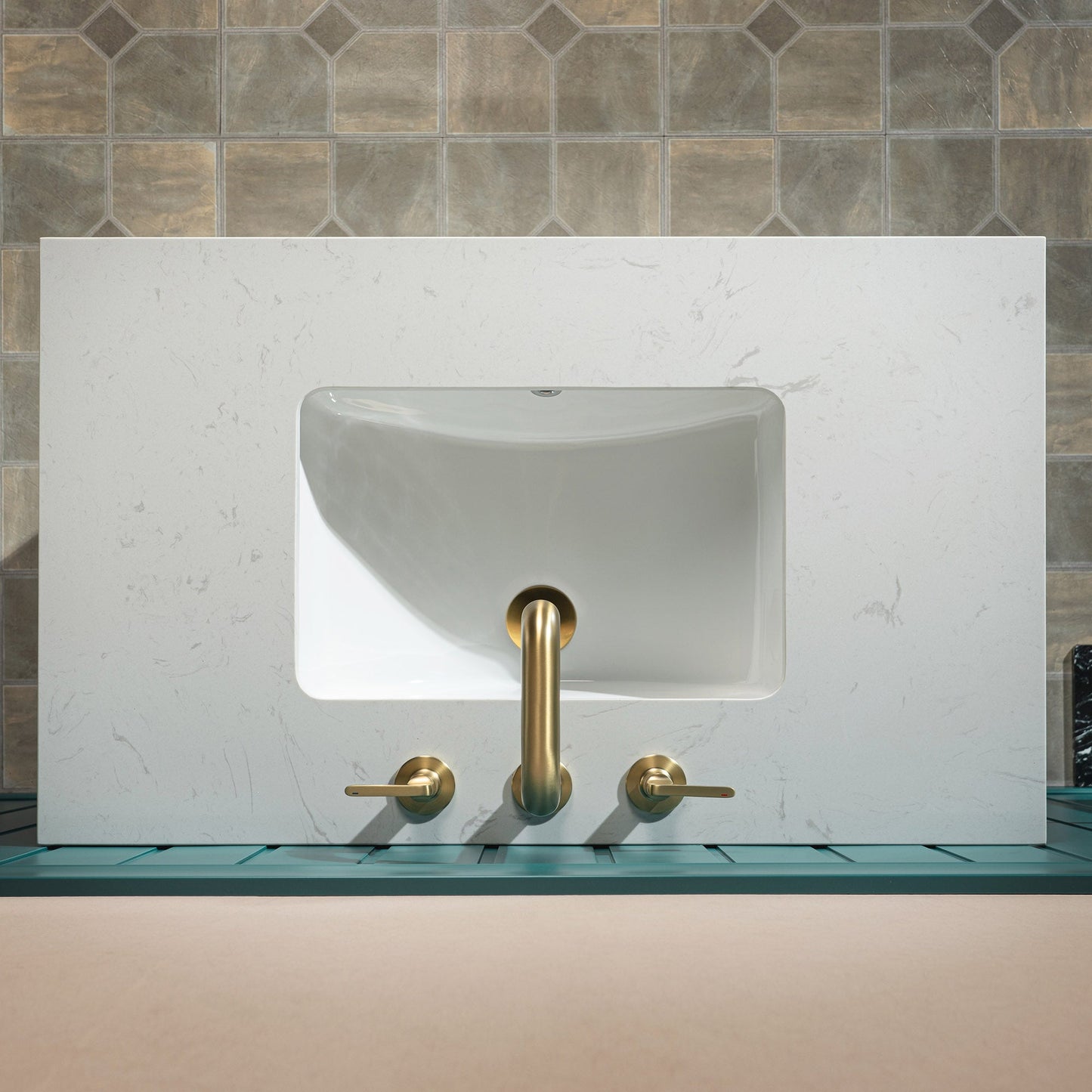 WOODBRIDGE 36" Modern Bathroom Vanity with White Engineered Stone Top, Undermount Sink & Hand-Painted Black/Gold Accents – Space-Saving Thin-Leg Design, Ideal for Small Bathrooms.