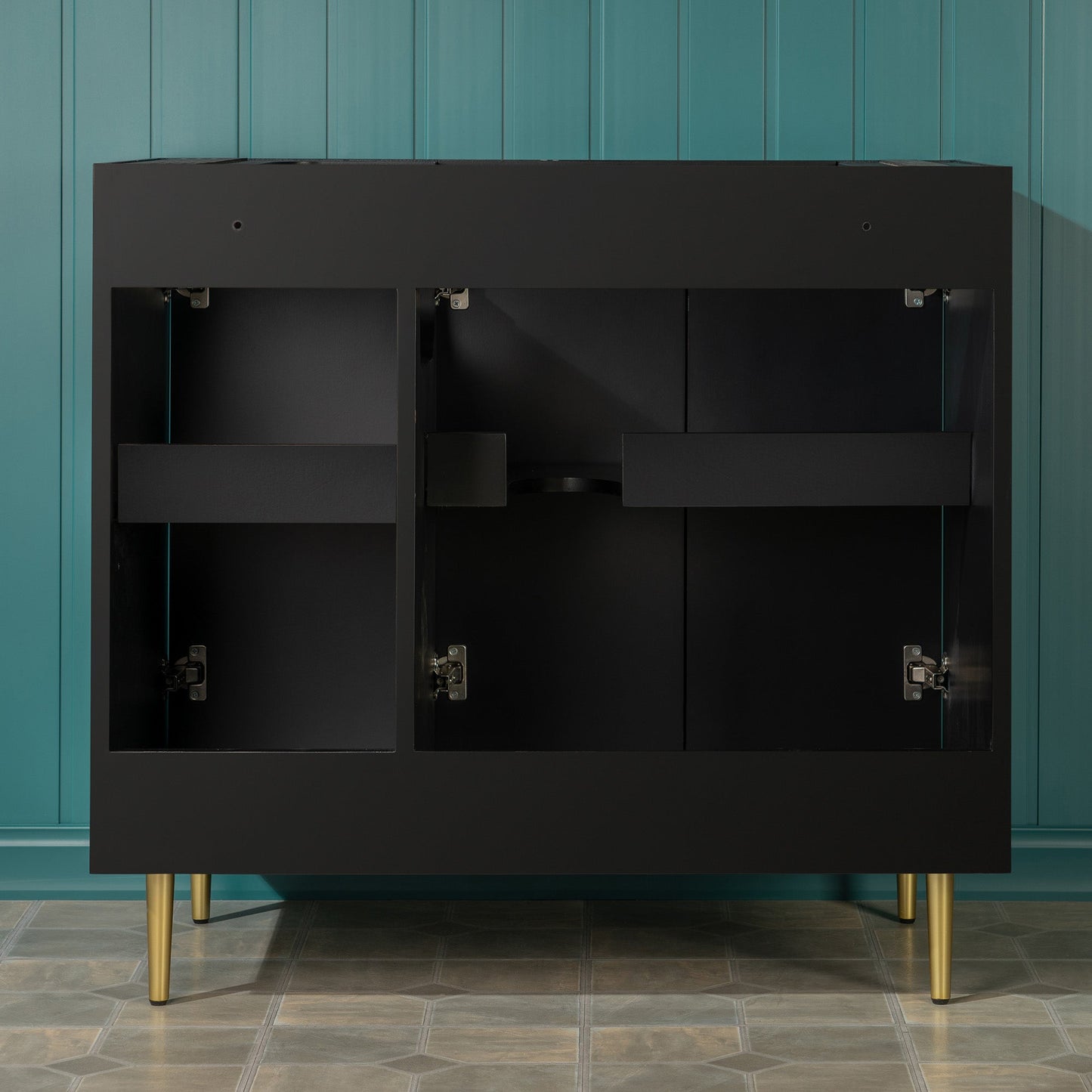 WOODBRIDGE 36" Modern Bathroom Vanity with White Engineered Stone Top, Undermount Sink & Hand-Painted Black/Gold Accents – Space-Saving Thin-Leg Design, Ideal for Small Bathrooms.