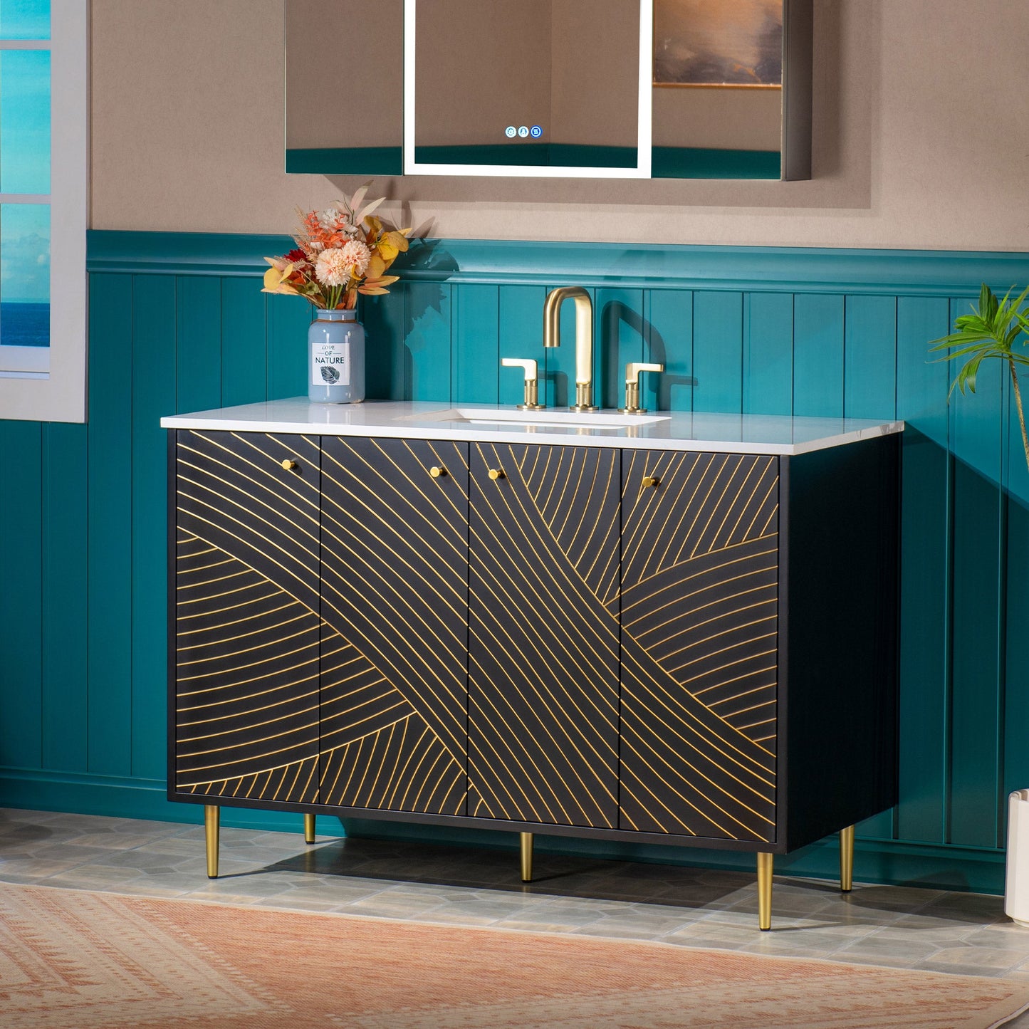 WOODBRIDGE 36" Modern Bathroom Vanity with White Engineered Stone Top, Undermount Sink & Hand-Painted Black/Gold Accents – Space-Saving Thin-Leg Design, Ideal for Small Bathrooms.