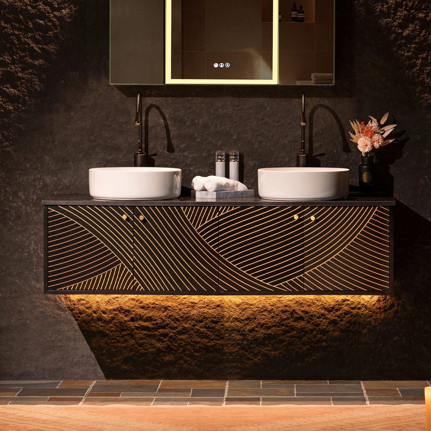 WOODBRIDGE 60" Wall Mounted Floating Bathroom Vanity – Double Ceramic Vessel Sinks, Black Engineered Stone Countertop & Hand-Painted Elegant Black/Gold Detailing, and Space-Saving Wall-Mount Style