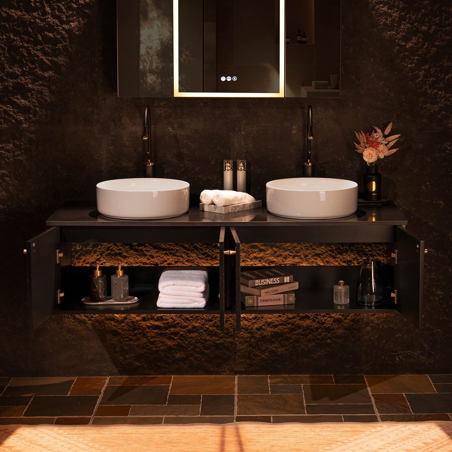 WOODBRIDGE 60" Wall Mounted Floating Bathroom Vanity – Double Ceramic Vessel Sinks, Black Engineered Stone Countertop & Hand-Painted Elegant Black/Gold Detailing, and Space-Saving Wall-Mount Style