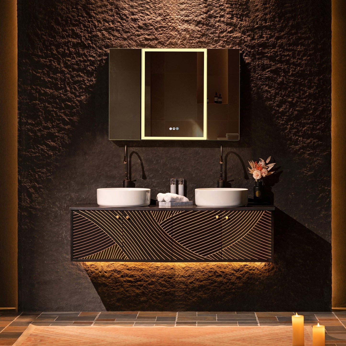 WOODBRIDGE 60" Wall Mounted Floating Bathroom Vanity – Double Ceramic Vessel Sinks, Black Engineered Stone Countertop & Hand-Painted Elegant Black/Gold Detailing, and Space-Saving Wall-Mount Style