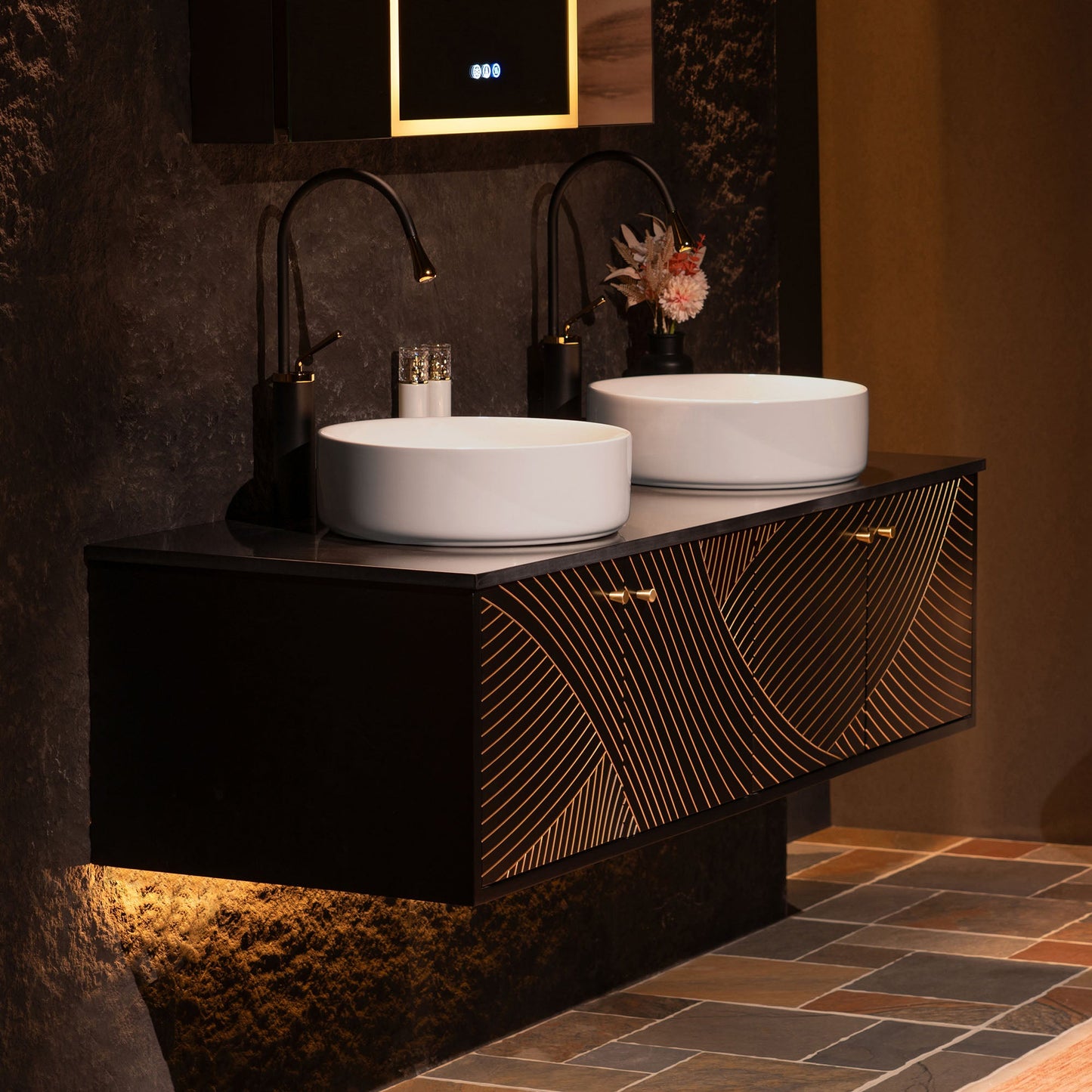 WOODBRIDGE 60" Wall Mounted Floating Bathroom Vanity – Double Ceramic Vessel Sinks, Black Engineered Stone Countertop & Hand-Painted Elegant Black/Gold Detailing, and Space-Saving Wall-Mount Style