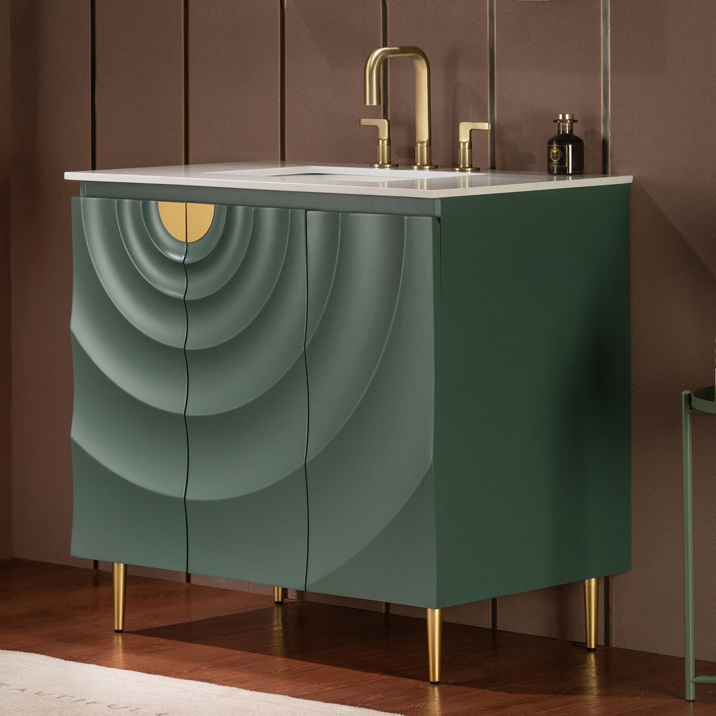 WOODBRIDGE 36"X22" Bathroom Vanity in Green with Single Ceramic Undermount Sink, White Engineered Stone Vanity Top– 3D Wave Pattern Doors, Sleek Thin-Leg Frame, Space-Saving for Modern Living