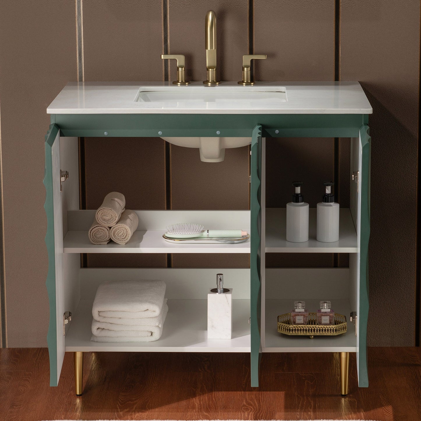 WOODBRIDGE 36"X22" Bathroom Vanity in Green with Single Ceramic Undermount Sink, White Engineered Stone Vanity Top– 3D Wave Pattern Doors, Sleek Thin-Leg Frame, Space-Saving for Modern Living