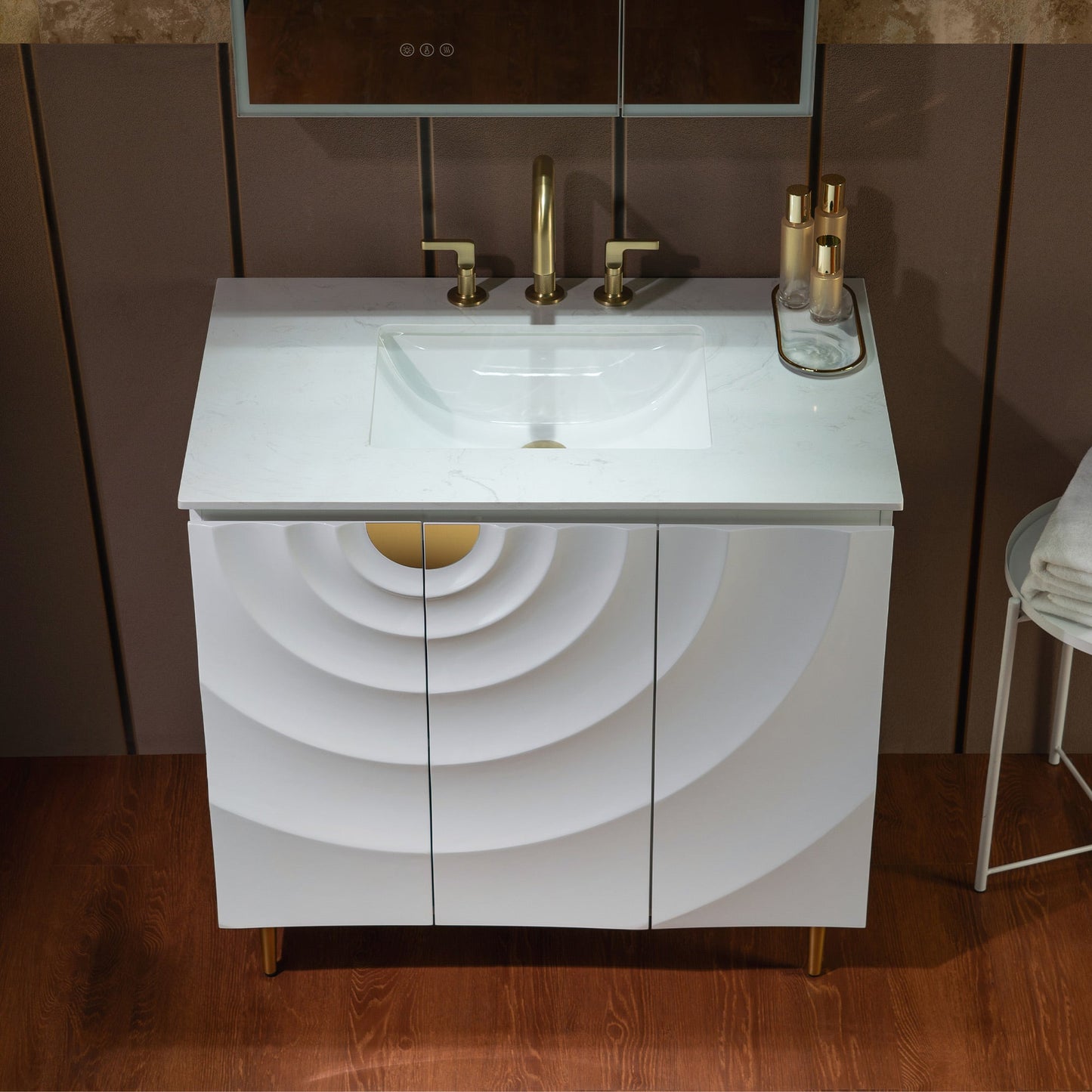 WOODBRIDGE 36"X22" Bathroom Vanity in White with Single Ceramic Undermount Sink, White Engineered Stone Vanity Top– 3D Wave Pattern Doors, Sleek Thin-Leg Frame, Space-Saving for Modern Living