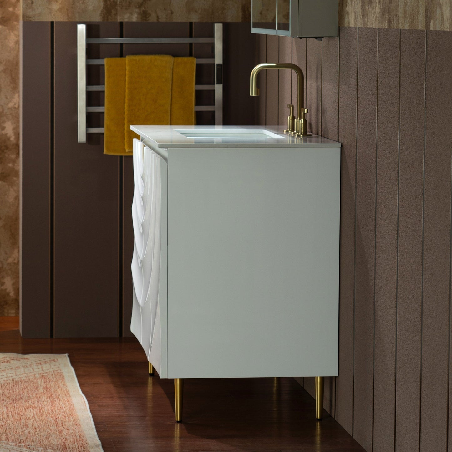 WOODBRIDGE 36"X22" Bathroom Vanity in White with Single Ceramic Undermount Sink, White Engineered Stone Vanity Top– 3D Wave Pattern Doors, Sleek Thin-Leg Frame, Space-Saving for Modern Living