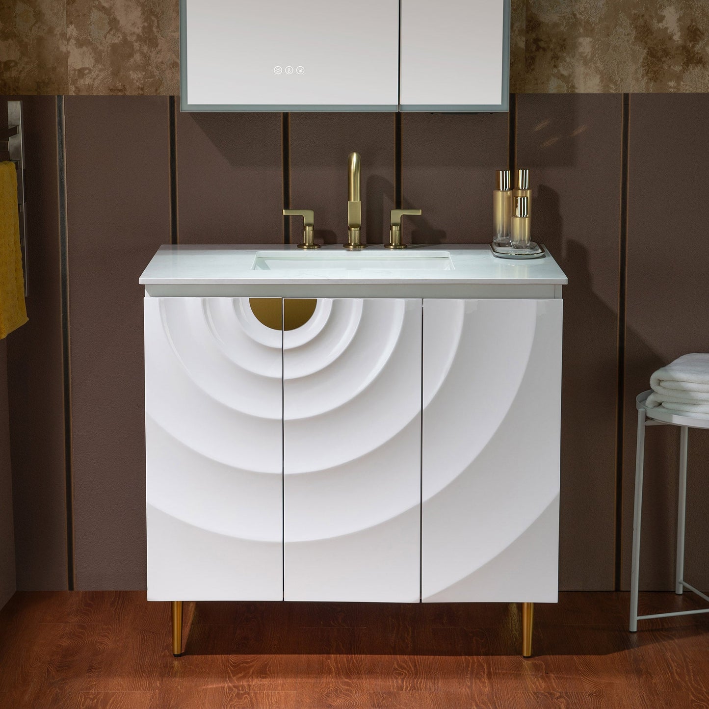 WOODBRIDGE 36"X22" Bathroom Vanity in White with Single Ceramic Undermount Sink, White Engineered Stone Vanity Top– 3D Wave Pattern Doors, Sleek Thin-Leg Frame, Space-Saving for Modern Living
