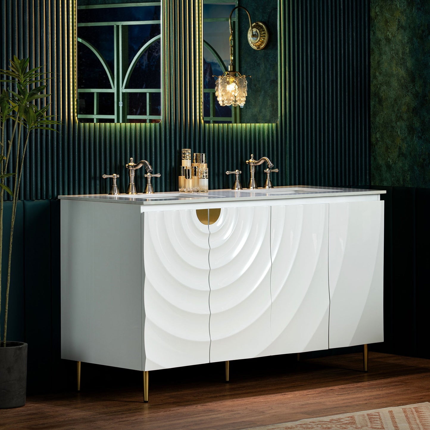 WOODBRIDGE 60"X22" Bathroom Vanity in White with Double Ceramic Undermount Sinks, White Engineered Stone Vanity Top– 3D Wave Pattern Doors, Sleek Thin-Leg Frame, Space-Saving for Modern Living