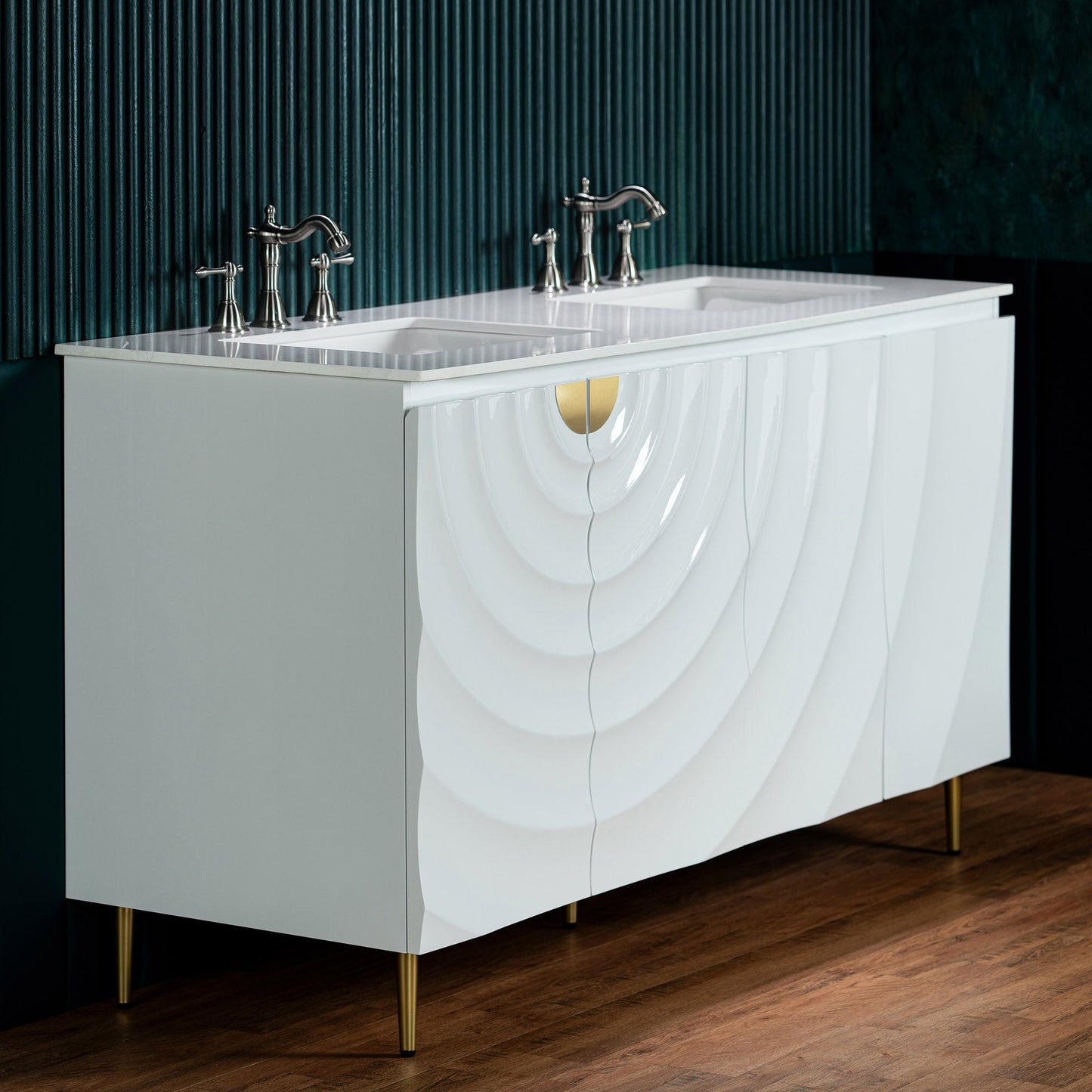 WOODBRIDGE 60"X22" Bathroom Vanity in White with Double Ceramic Undermount Sinks, White Engineered Stone Vanity Top– 3D Wave Pattern Doors, Sleek Thin-Leg Frame, Space-Saving for Modern Living