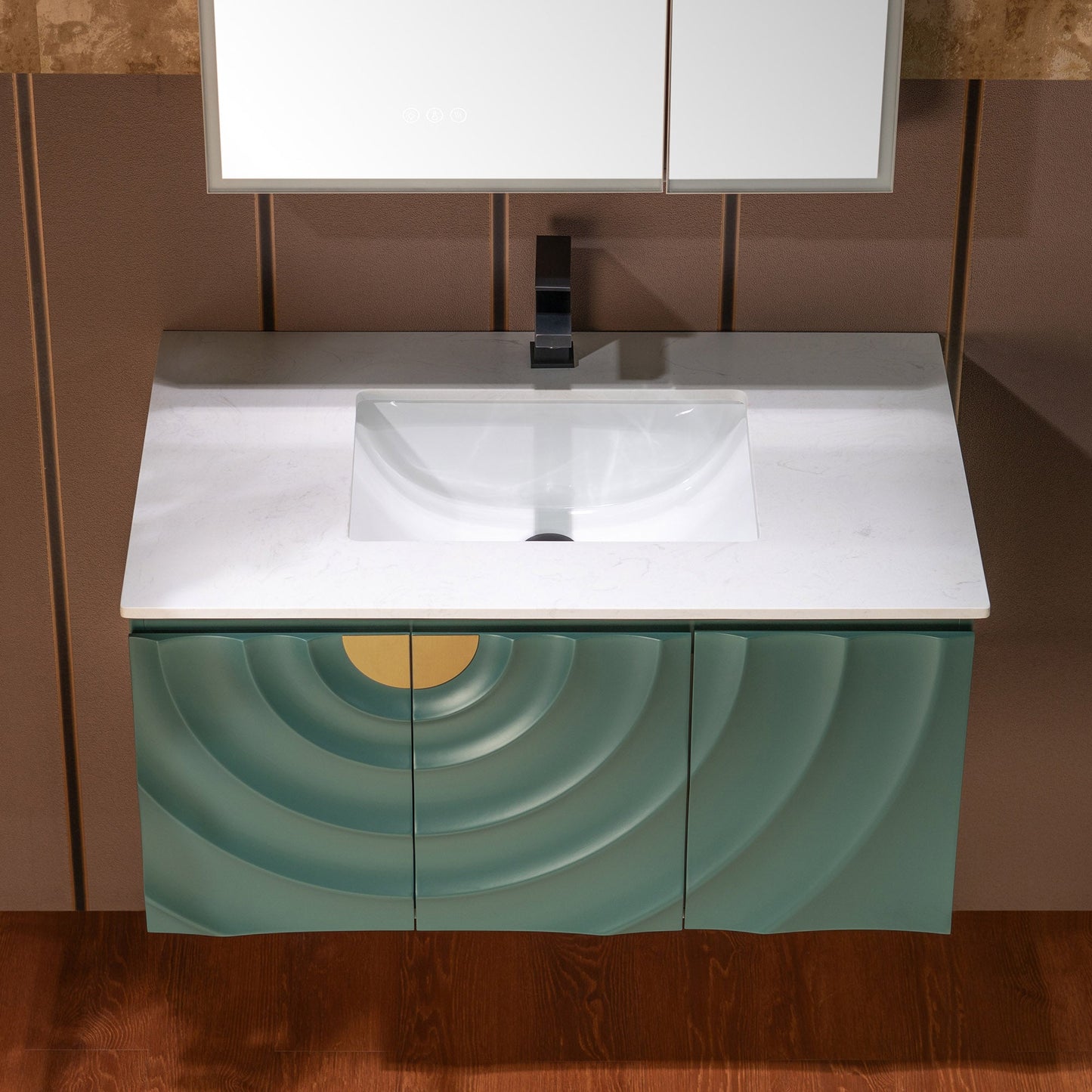 WOODBRIDGE 36"X22" Wall Mounted Floating Bathroom Vanity in Green with Single Ceramic Undermount Sink, White Engineered Stone Vanity Top– 3D Wave Pattern Doors, Space-Saving for Modern Living