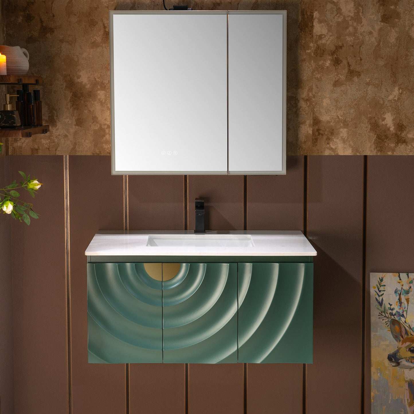WOODBRIDGE 36"X22" Wall Mounted Floating Bathroom Vanity in Green with Single Ceramic Undermount Sink, White Engineered Stone Vanity Top– 3D Wave Pattern Doors, Space-Saving for Modern Living