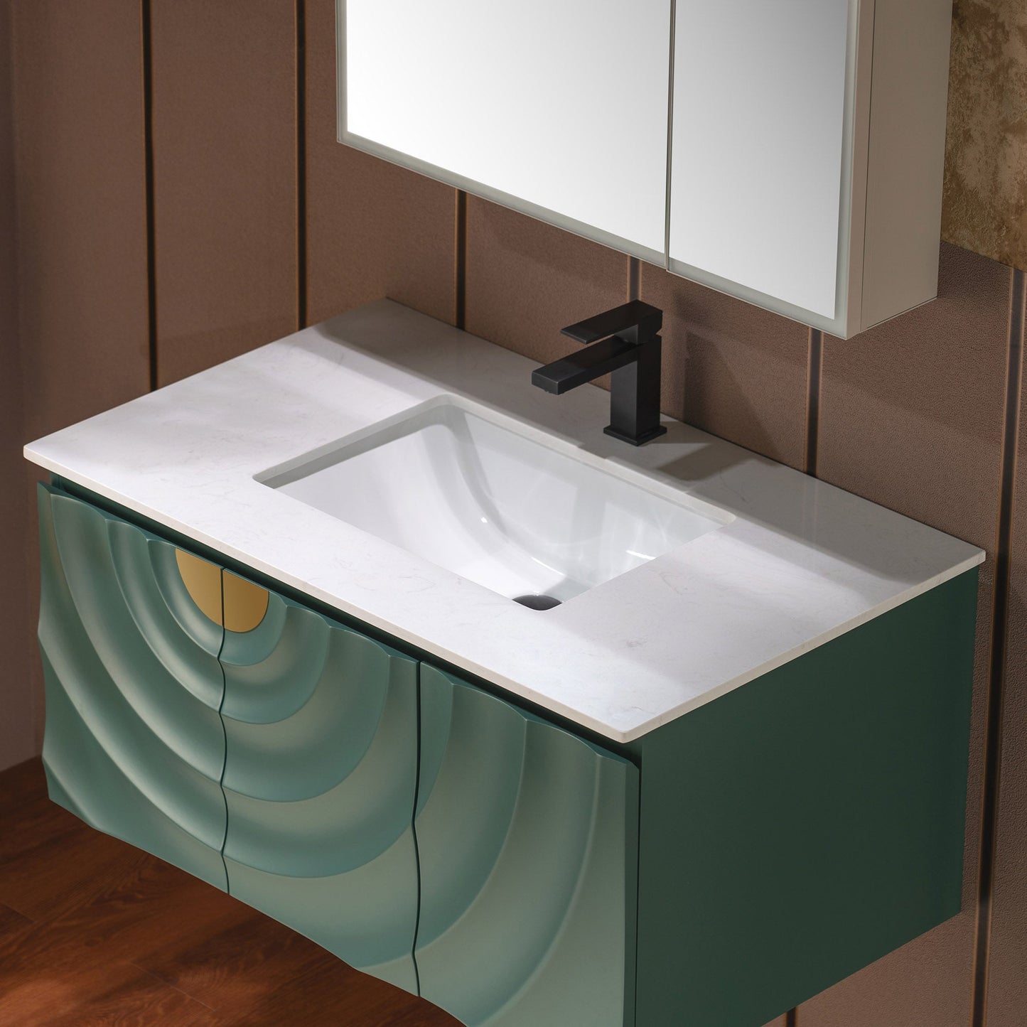 WOODBRIDGE 36"X22" Wall Mounted Floating Bathroom Vanity in Green with Single Ceramic Undermount Sink, White Engineered Stone Vanity Top– 3D Wave Pattern Doors, Space-Saving for Modern Living