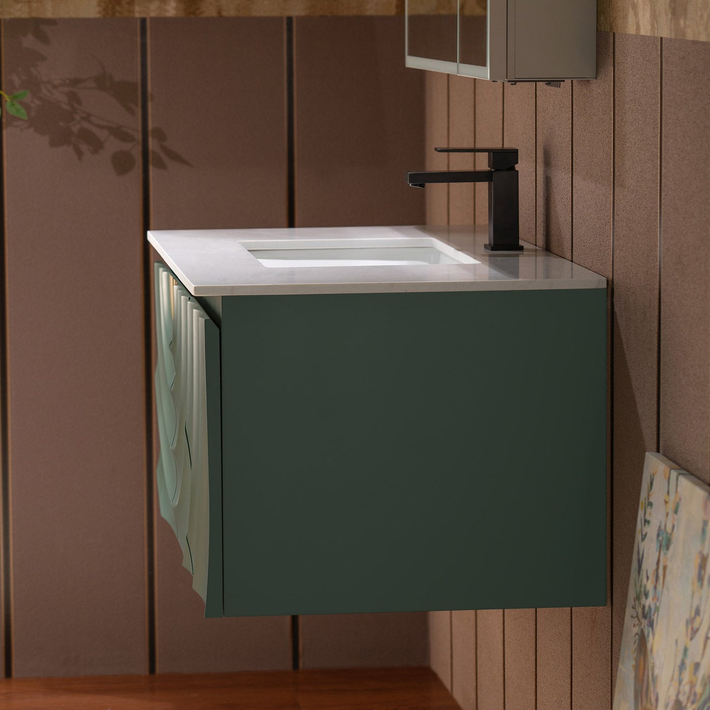 WOODBRIDGE 36"X22" Wall Mounted Floating Bathroom Vanity in Green with Single Ceramic Undermount Sink, White Engineered Stone Vanity Top– 3D Wave Pattern Doors, Space-Saving for Modern Living