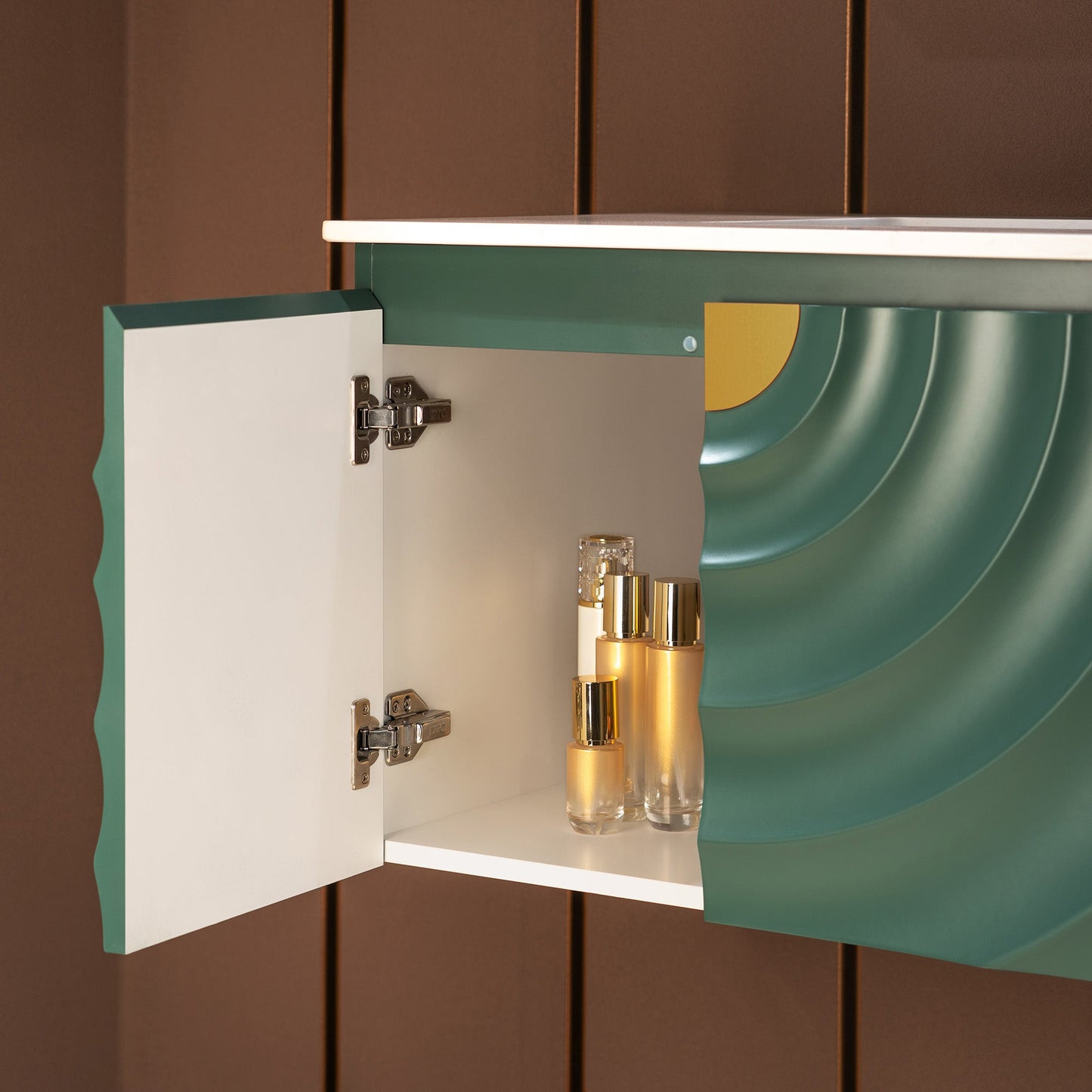 WOODBRIDGE 36"X22" Wall Mounted Floating Bathroom Vanity in Green with Single Ceramic Undermount Sink, White Engineered Stone Vanity Top– 3D Wave Pattern Doors, Space-Saving for Modern Living