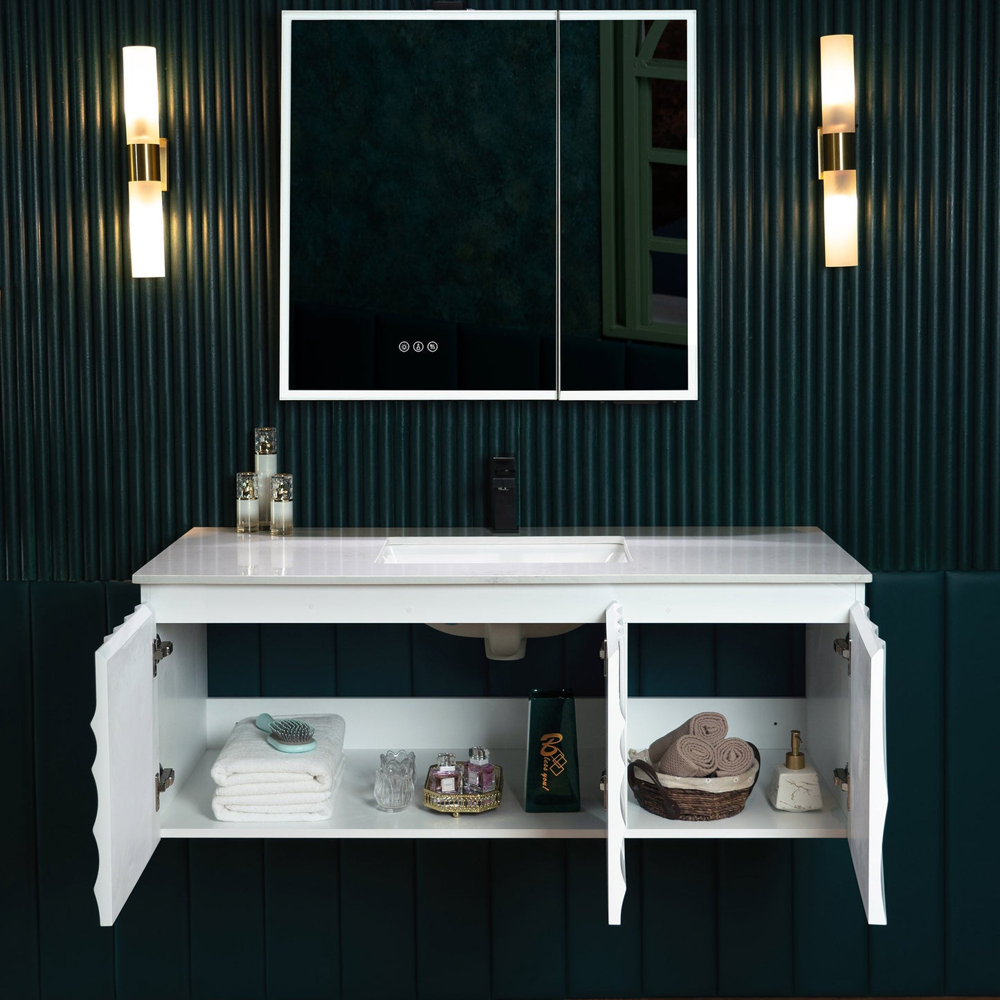 WOODBRIDGE 48"X22" Wall Mounted Floating Bathroom Vanity in White with Single Ceramic Undermount Sink, White Engineered Stone Vanity Top– 3D Wave Pattern Doors, Space-Saving for Modern Living
