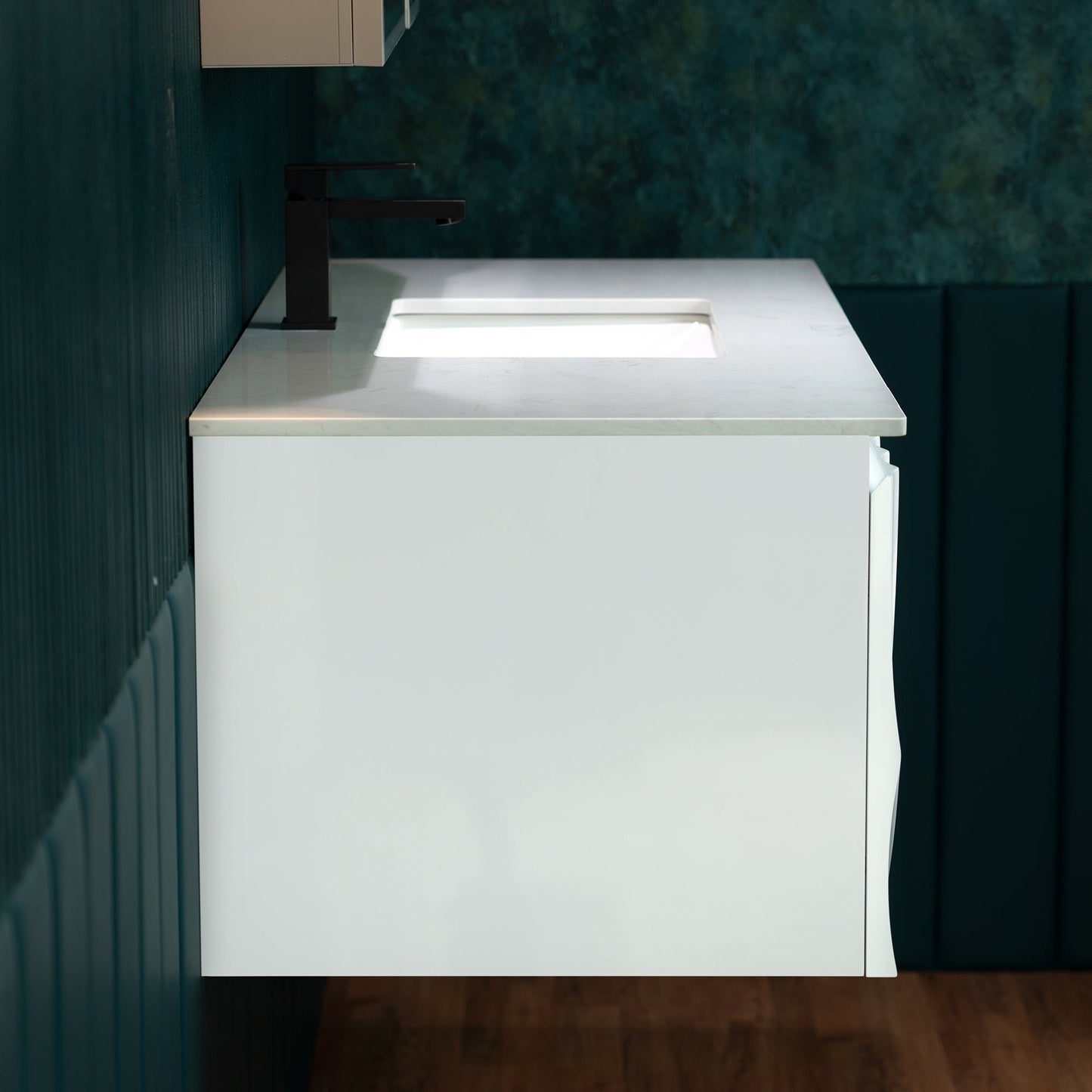 WOODBRIDGE 48"X22" Wall Mounted Floating Bathroom Vanity in White with Single Ceramic Undermount Sink, White Engineered Stone Vanity Top– 3D Wave Pattern Doors, Space-Saving for Modern Living