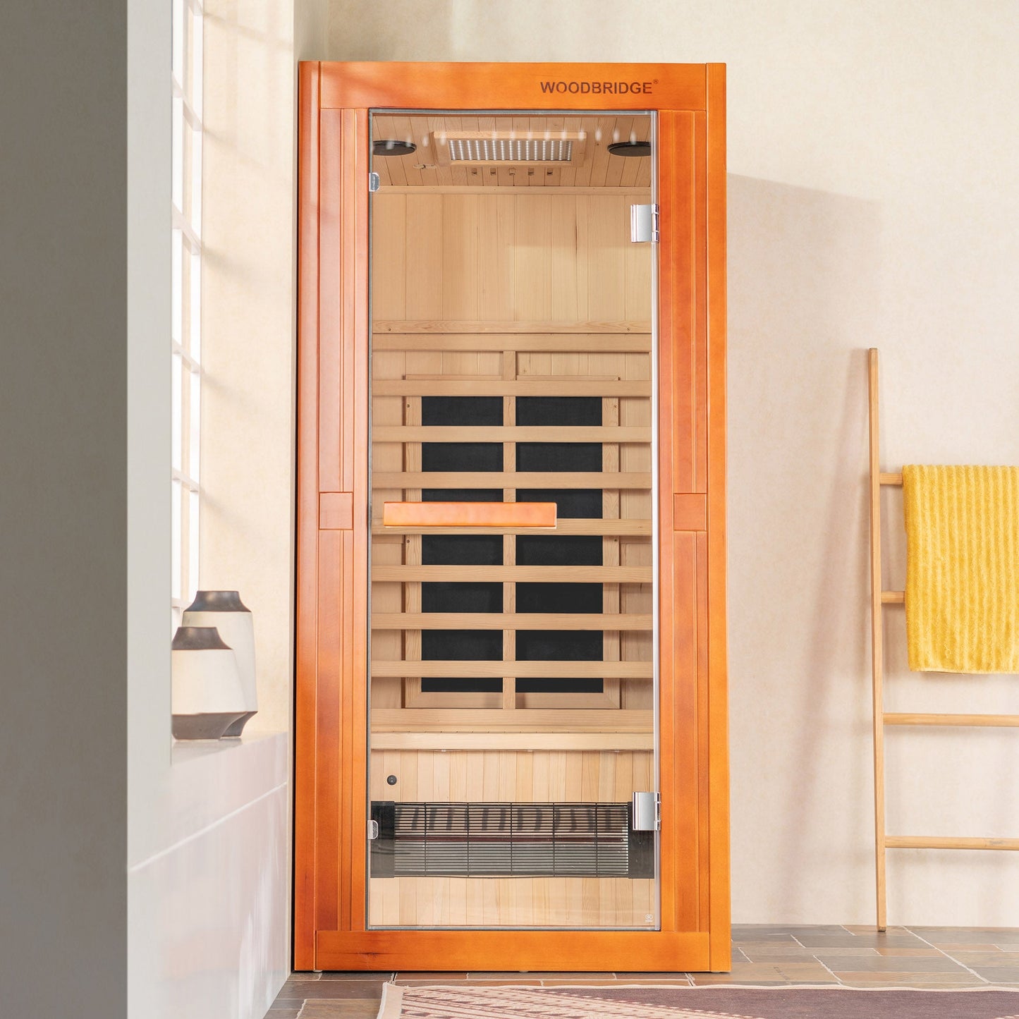 1-Person Indoor FAR Infrared Sauna in Premium Canadian Hemlock with Red Light Therapy, Bluetooth Speakers, Smart Control Panel & Chromotherapy Lighting