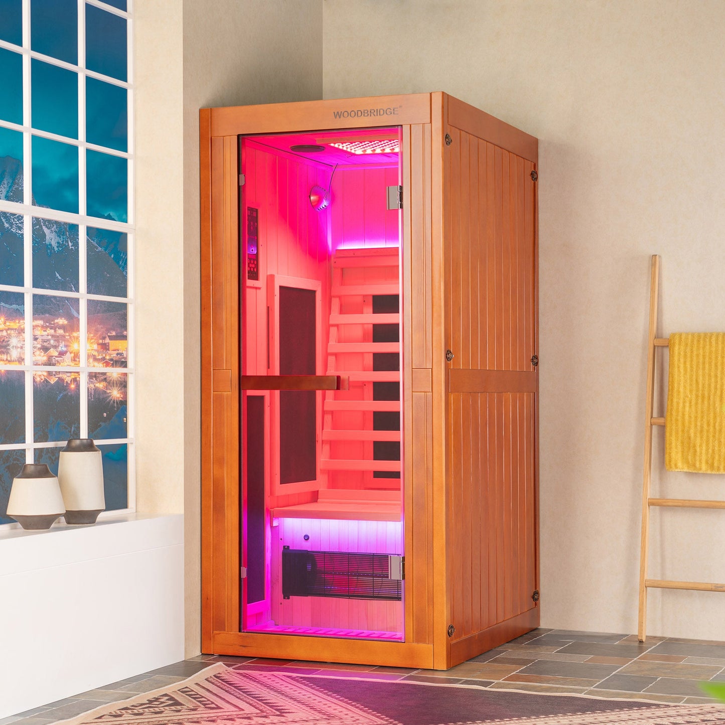 1-Person Indoor FAR Infrared Sauna in Premium Canadian Hemlock with Red Light Therapy, Bluetooth Speakers, Smart Control Panel & Chromotherapy Lighting