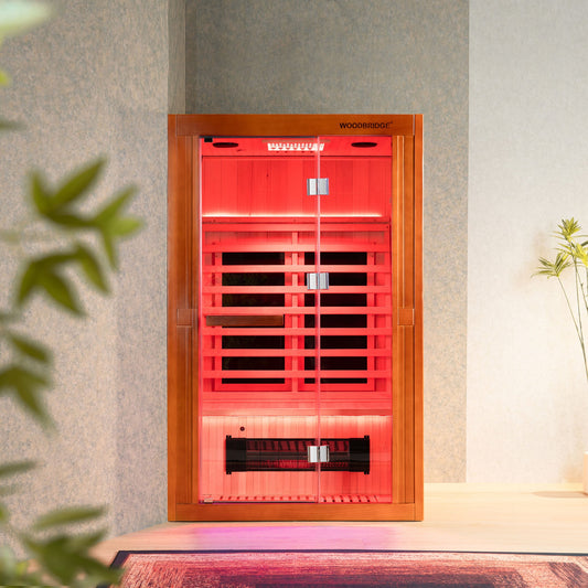 2-Person Indoor FAR Infrared Sauna Crafted from Canadian Hemlock with Red Light Therapy, Bluetooth Speaker, Smart Control Panel & Chromotherapy Lighting