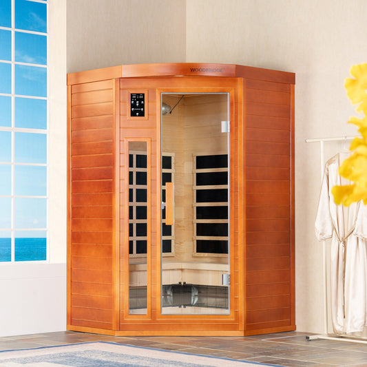 2-Person Indoor FAR Infrared Corner Sauna in Canadian Hemlock with Red Light Therapy, Bluetooth Speaker, Smart Control Panel & Chromotherapy Lighting