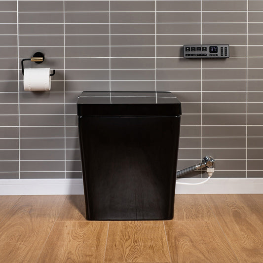 WOODBRIDGE EBT-HB02 One-Piece Square Smart Bidet Toilet with Auto Open & Close, Foot Sensor, Auto Flush, Multiple Spray Modes, Heated Seat, Warm Water and Air Dryer, Auto LED Nightlight, Glossy Black