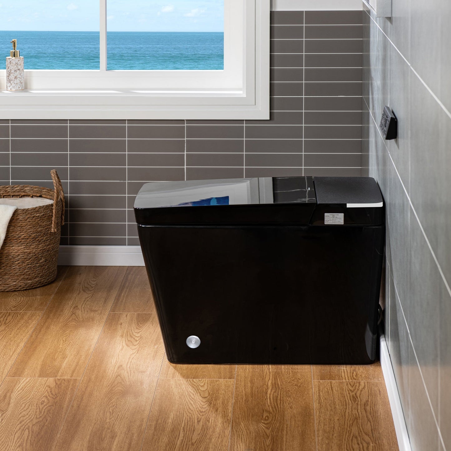 WOODBRIDGE EBT-HB02 One-Piece Square Smart Bidet Toilet with Auto Open & Close, Foot Sensor, Auto Flush, Multiple Spray Modes, Heated Seat, Warm Water and Air Dryer, Auto LED Nightlight, Glossy Black