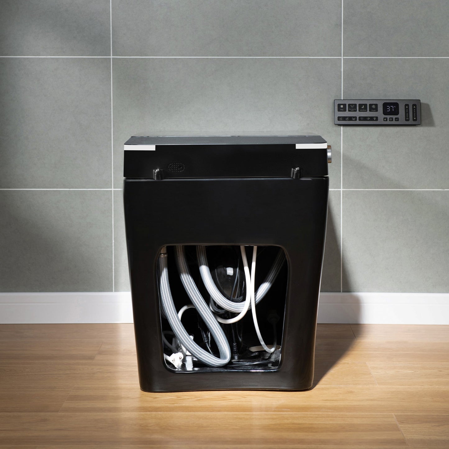 WOODBRIDGE EBT-HB02 One-Piece Square Smart Bidet Toilet with Auto Open & Close, Foot Sensor, Auto Flush, Multiple Spray Modes, Heated Seat, Warm Water and Air Dryer, Auto LED Nightlight, Glossy Black