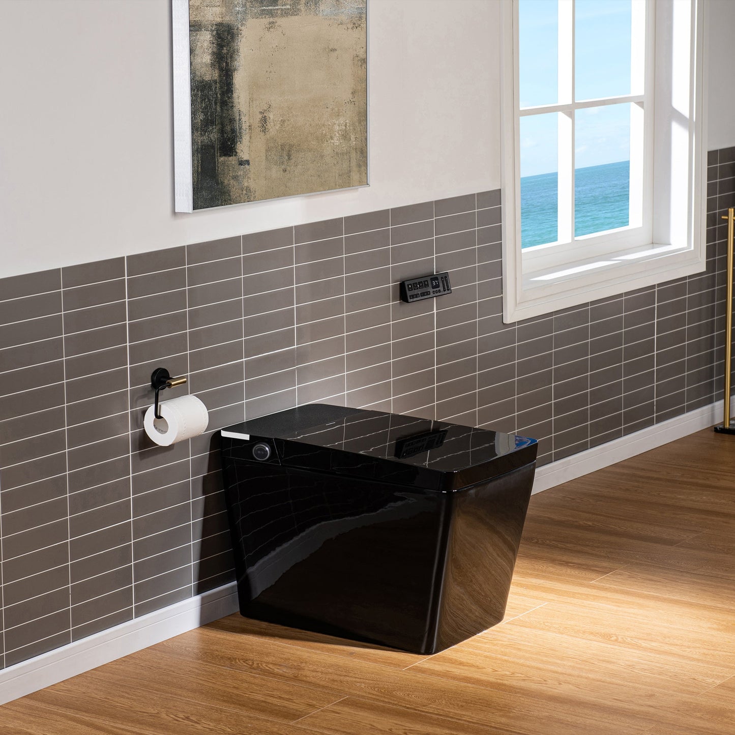 WOODBRIDGE EBT-HB02 One-Piece Square Smart Bidet Toilet with Auto Open & Close, Foot Sensor, Auto Flush, Multiple Spray Modes, Heated Seat, Warm Water and Air Dryer, Auto LED Nightlight, Glossy Black