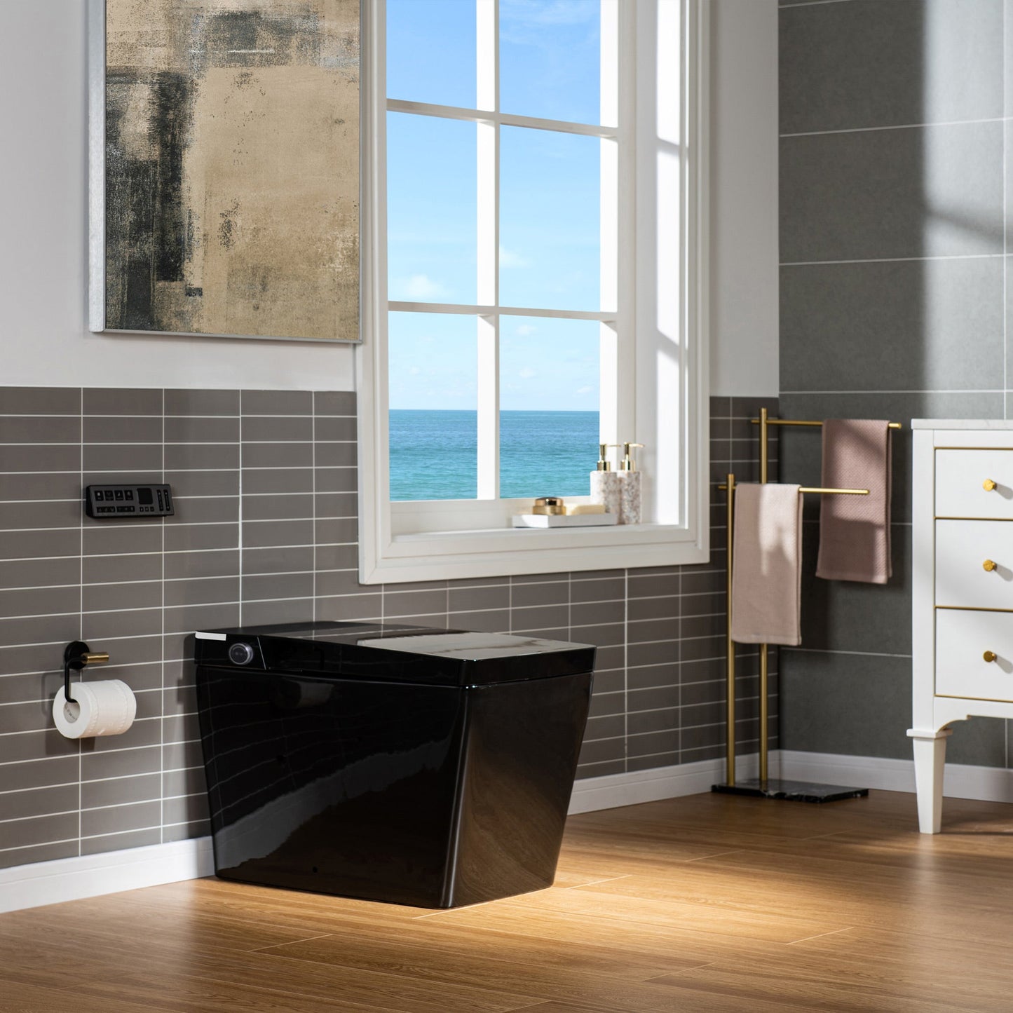 WOODBRIDGE EBT-HB02 One-Piece Square Smart Bidet Toilet with Auto Open & Close, Foot Sensor, Auto Flush, Multiple Spray Modes, Heated Seat, Warm Water and Air Dryer, Auto LED Nightlight, Glossy Black