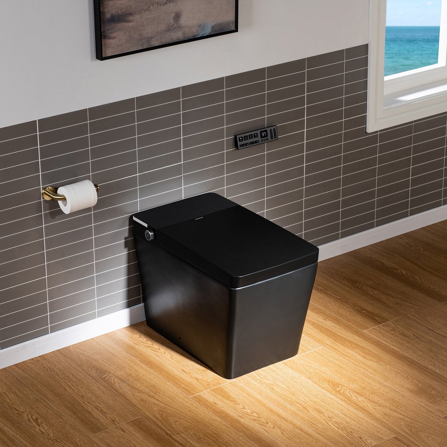 WOODBRIDGE EBT-MB03 One Piece Square Smart Bidet Toilet with Auto Open & Close, Foot Sensor, Auto Flush, Multiple Spray Modes, Heated Seat, Warm Water and Air Dryer, Auto LED Nightlight, Matte Black