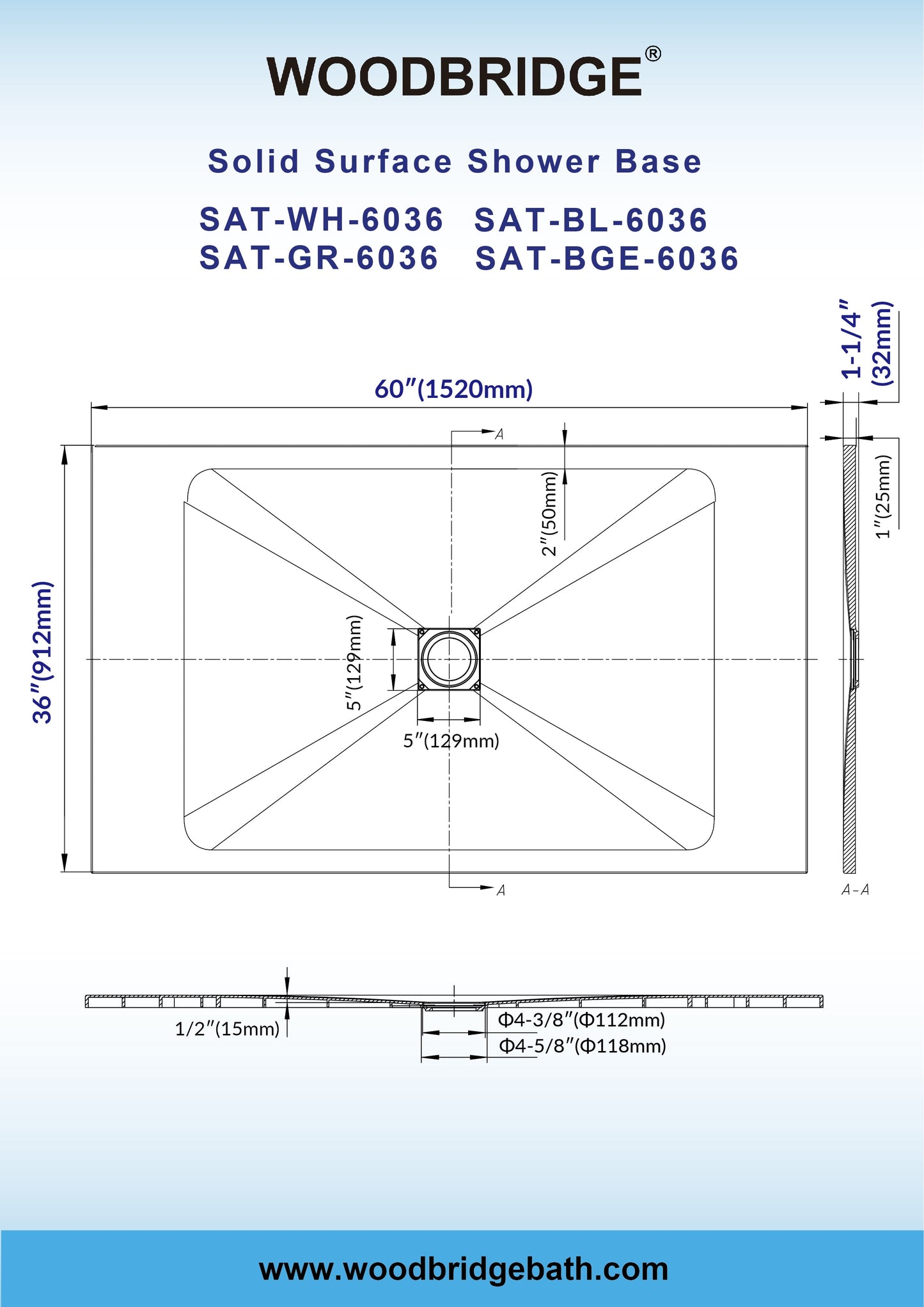 WOODBRIDGE 60-in L x 36-in W Zero-Threshold End-Drain Shower Base with Center Drain Placement, Matching Decorative Drain Plate and Tile Flange, Wheel Chair Access, Low Profile