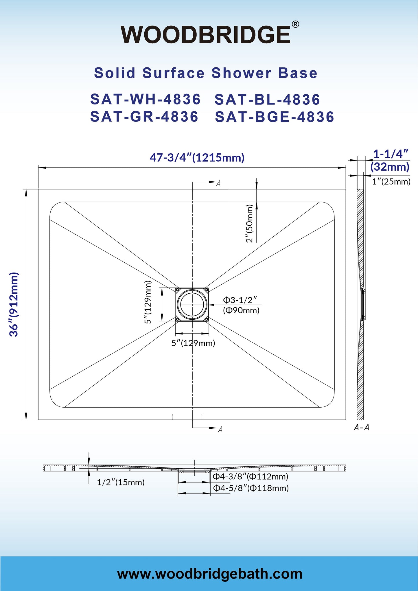 WOODBRIDGE 47.75-in L x 36-in W Zero-Threshold End-Drain Shower Base with Center Drain Placement, Matching Decorative Drain Plate and Tile Flange, Wheel Chair Access, Low Profile