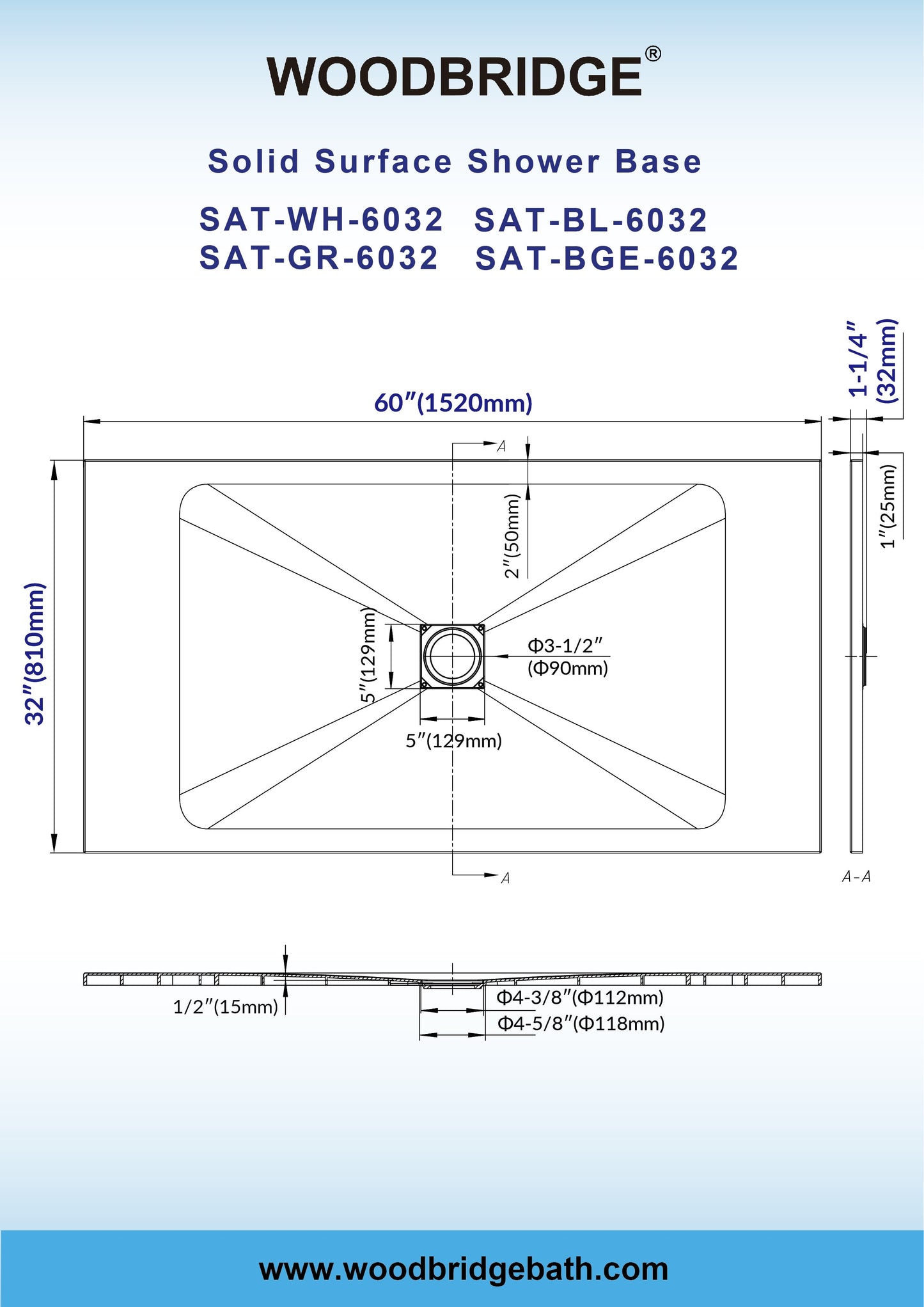 WOODBRIDGE 60-in L x 32-in W Zero-Threshold End-Drain Shower Base with Center Drain Placement, Matching Decorative Drain Plate and Tile Flange, Wheel Chair Access, Low Profile